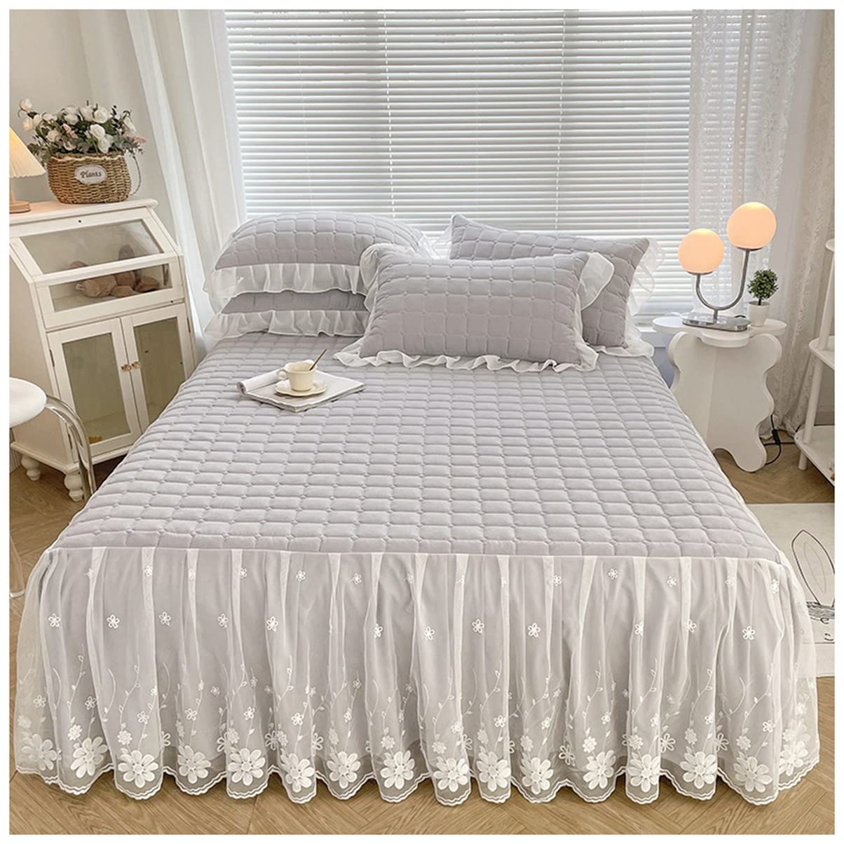 Juego de falda de cama gris de 3 piezas con sábana bajera acolchada matrimonial de 150x200 cm
