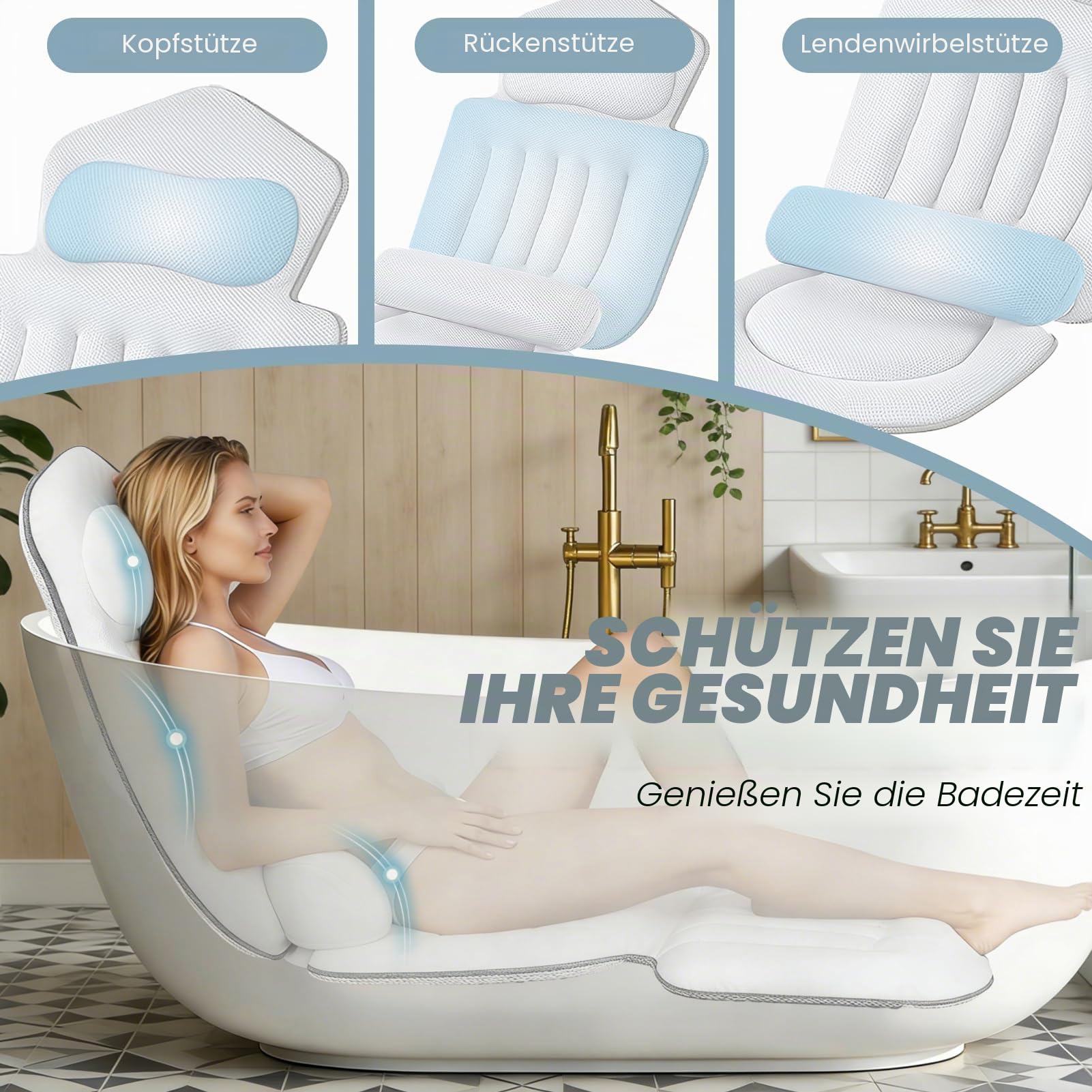 Badewannenkissen mit abnehmbarem Lendenkissen, 144 Saugnäpfen für optimalen Halt, ergonomische Unterstützung für Kopf, Nacken und Rücken für maximale Entspannung (133 x 41 cm)