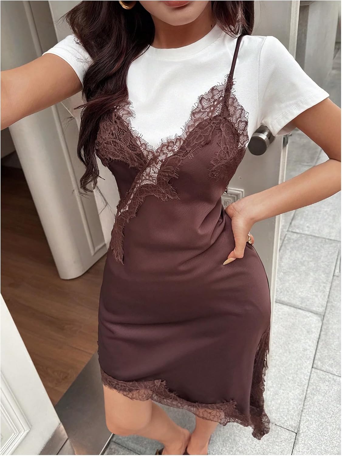 Verdusa Women's Lace Satin Brunch Dresses Asymmetrical Cami Dress Concert Outfits - Image 5