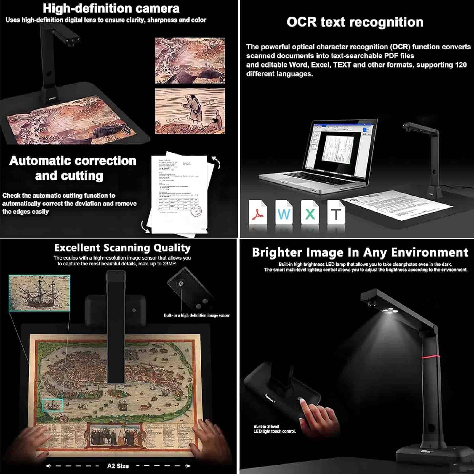 PixCy Escáner Superior A2/3, escáner Documentos con cámara 23 MP, reconocimiento Texto OCR y Altura Ajustable, tecnología descurvatura automática páginas Curvas, luz LED incorporada