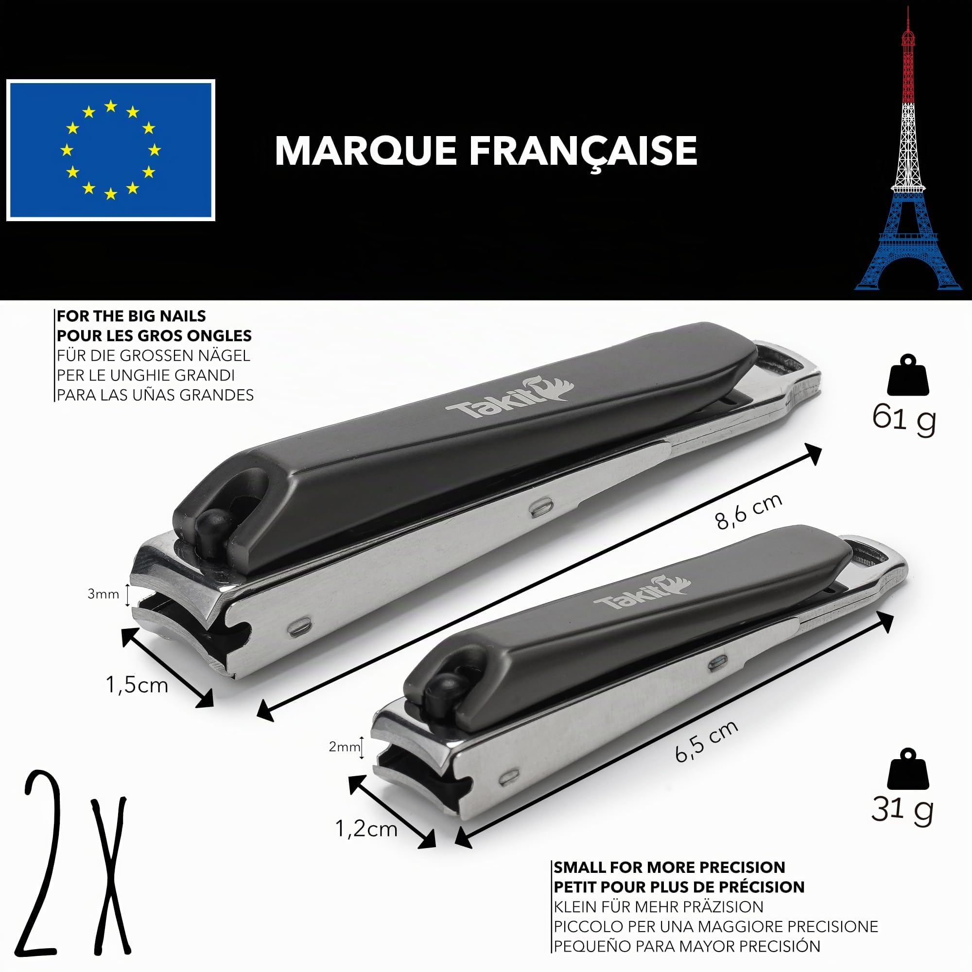 Coupe Ongle Avec Réservoir En Acier Inoxydable [GARANTIE 5 ANS] Marque Française - Kit De 2 Coupe-ongles Petit Et Grand - Avec Lime Intégrée Et Étui De Rangement