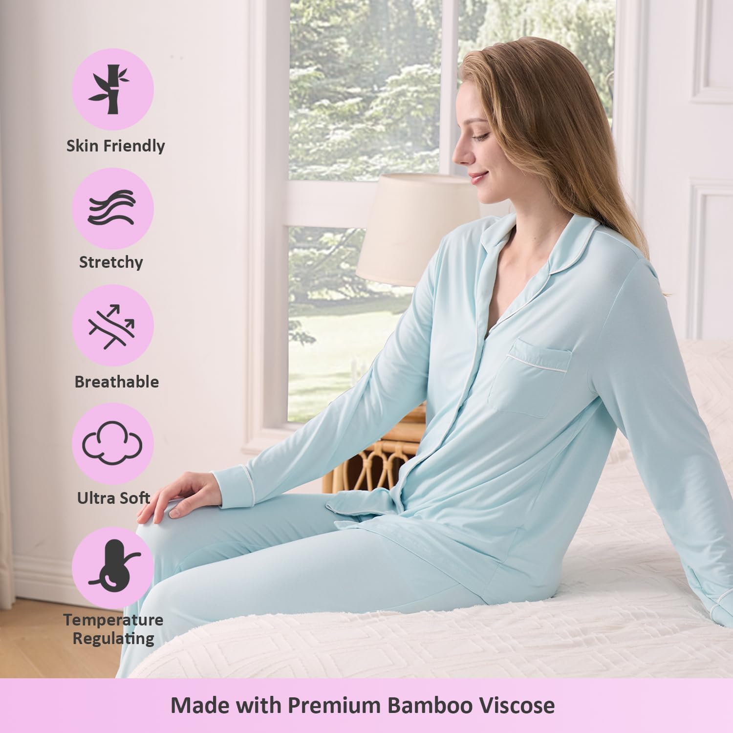 TOSMO Women Pajama Sets Viscose from Bamboo Long Sleeve Sleepwear Super-Soft Comfy Button Down Lounge Sleep Cooling Pjs