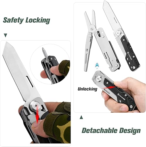 Miniatura 3 de FLYHOMES Cuchillo de bolsillo multiherramienta 6 en 1 con tijeras desmontables y clip de bolsillo, acero inoxidable 440A para campamento,