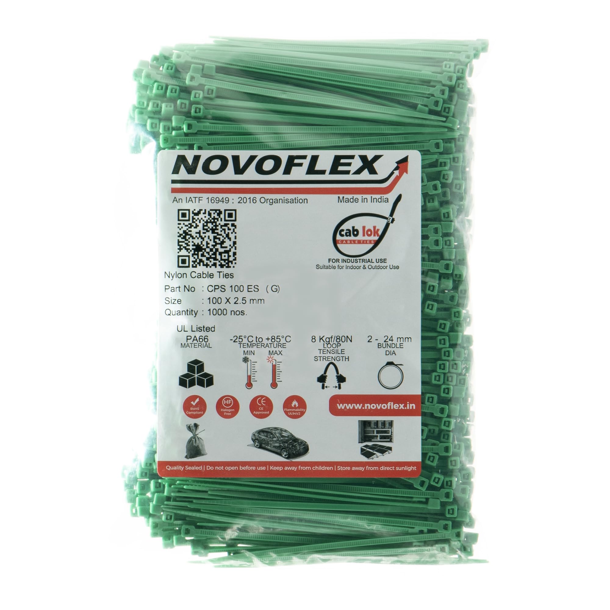 Novoflex CPS 100 ES K (G) ,Cab Lok Nylon Cable Ties 100 x 2.5 mm Colour: Green ,Pack of 1000, 4 Inch, Tensile Strength: 8 KGF / 18 LBS-picture-11