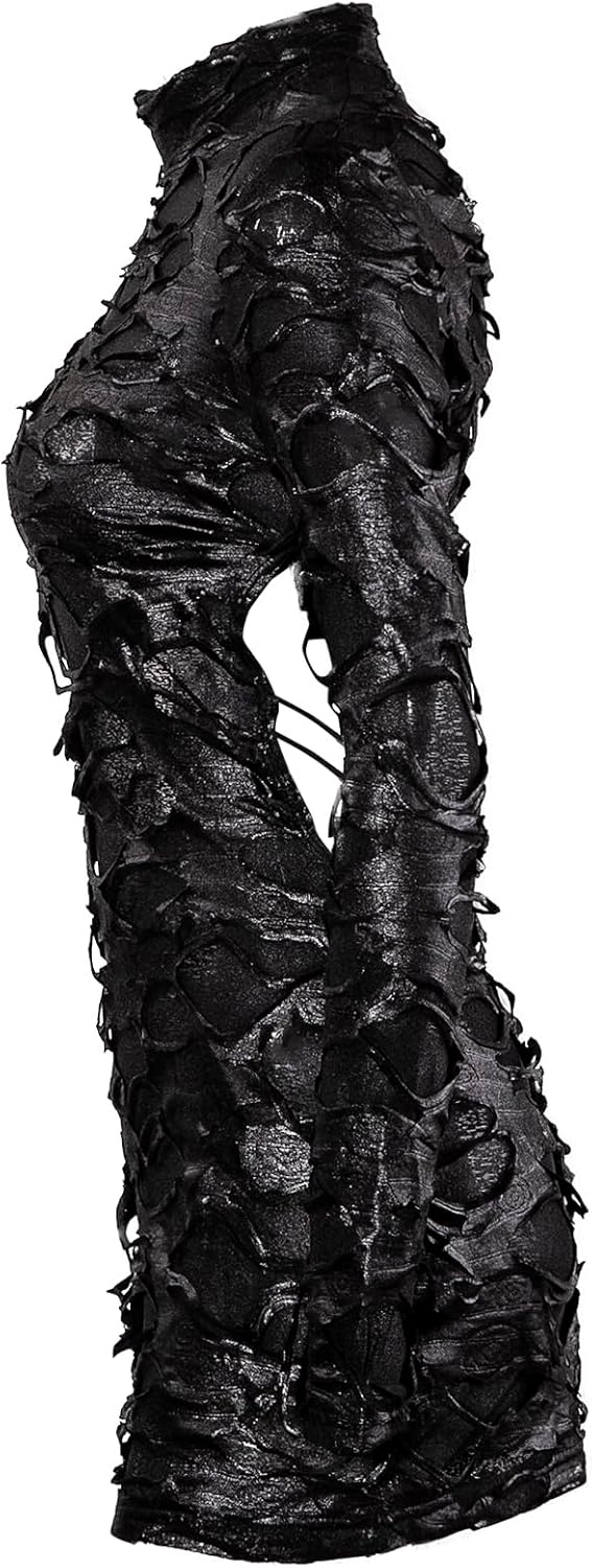 magorange Women Sexy Mock Neck Mesh Hole Hollow Out Mini Dress Long Sleeve Backless Bodycon Mini Club Party Dress - Image 5