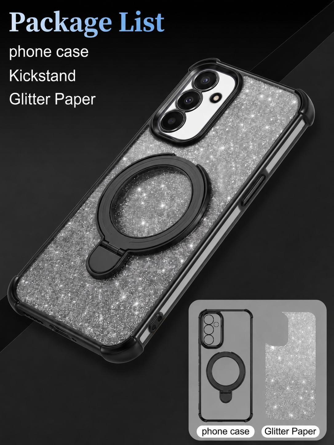 Mobigon Glitter Phone Case Compatible with OPPO Reno13 F/Reno 13F, Magnetic Ring Stand Shockproof Cover, Clear Soft TPU Bumper with Full Camera Protection - Black 2026 - view 2