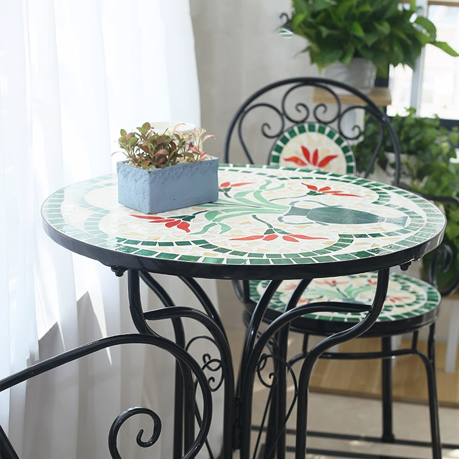 ガーデン3点セット お花・花瓶タイルテーブル モザイク調 屋外の丸いダイニングテーブル カフェテーブル テラス椅子アームレスト付き 防水性と耐日光性  屋外家具 アイアンアート・ガーデン・パーク・テーブルチェア (Color : 花瓶)