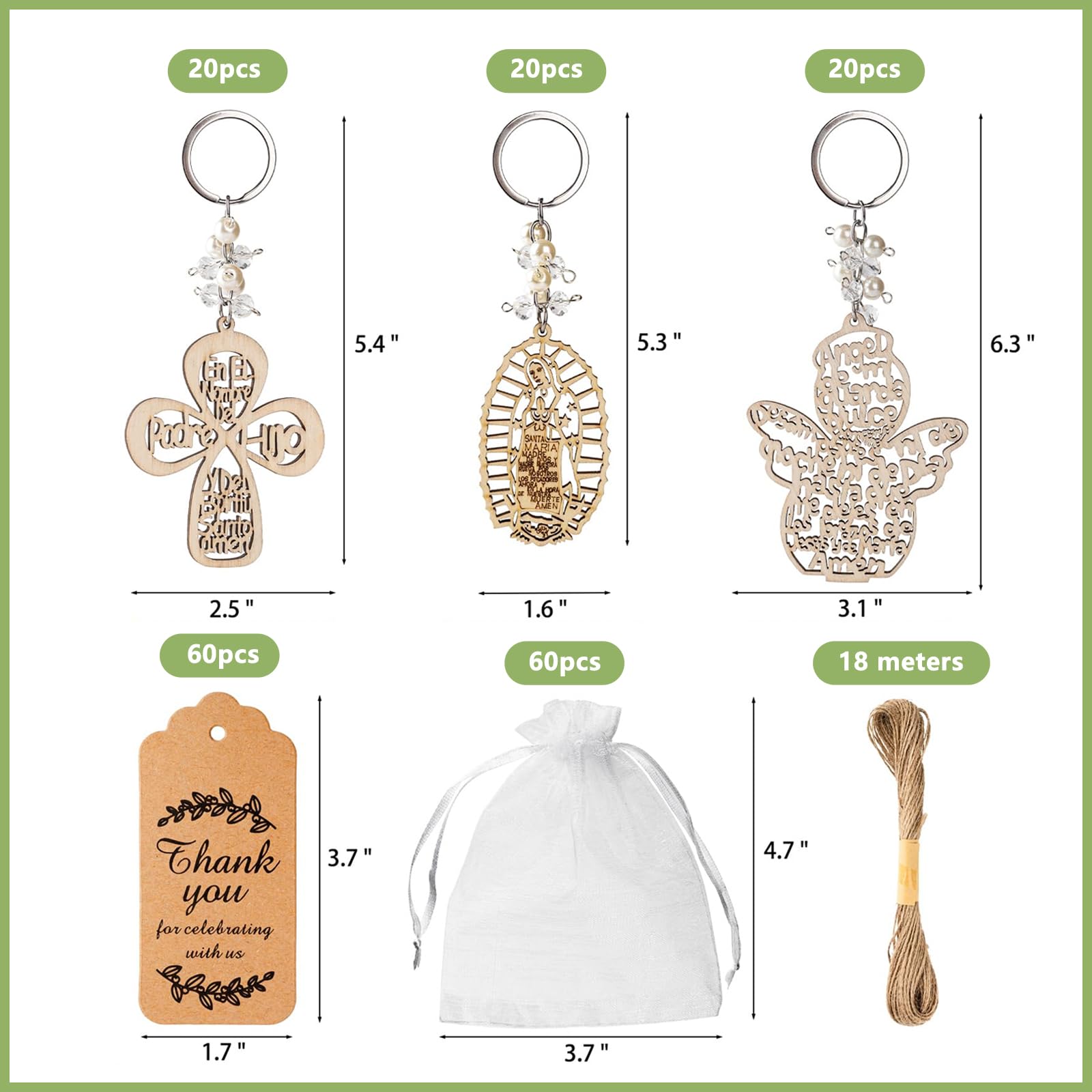 Lot de 240 porte-clés en forme de croix en bois avec sacs cadeaux en organza – 60 ensembles parfaits pour première communion pour invités