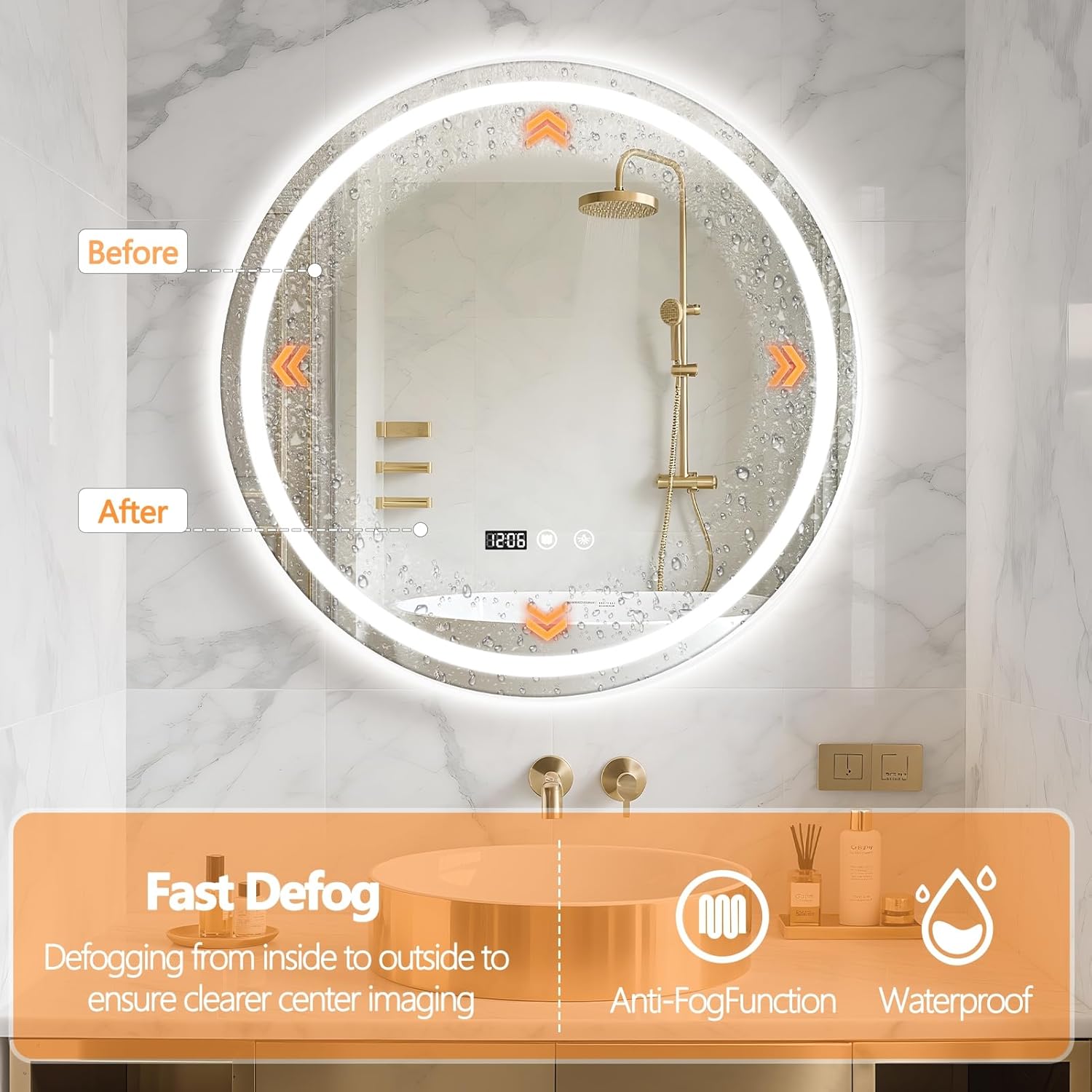24" Round LED Bathroom Mirror with Anti-Fog & Touch Switch - 60x60cm Wall-Mounted Makeup Vanity Mirror, No Drilling Required, Smart Display Bathroom Mirror