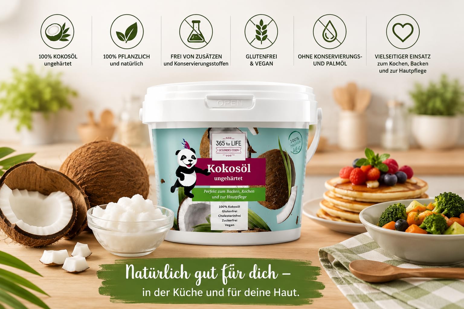 Kokosöl ungehärtet 3 x 1000 ml – 100% pflanzlich, geruchsneutral, glutenfrei, vegan – Ideal zum Backen, Kochen & Hautpflege