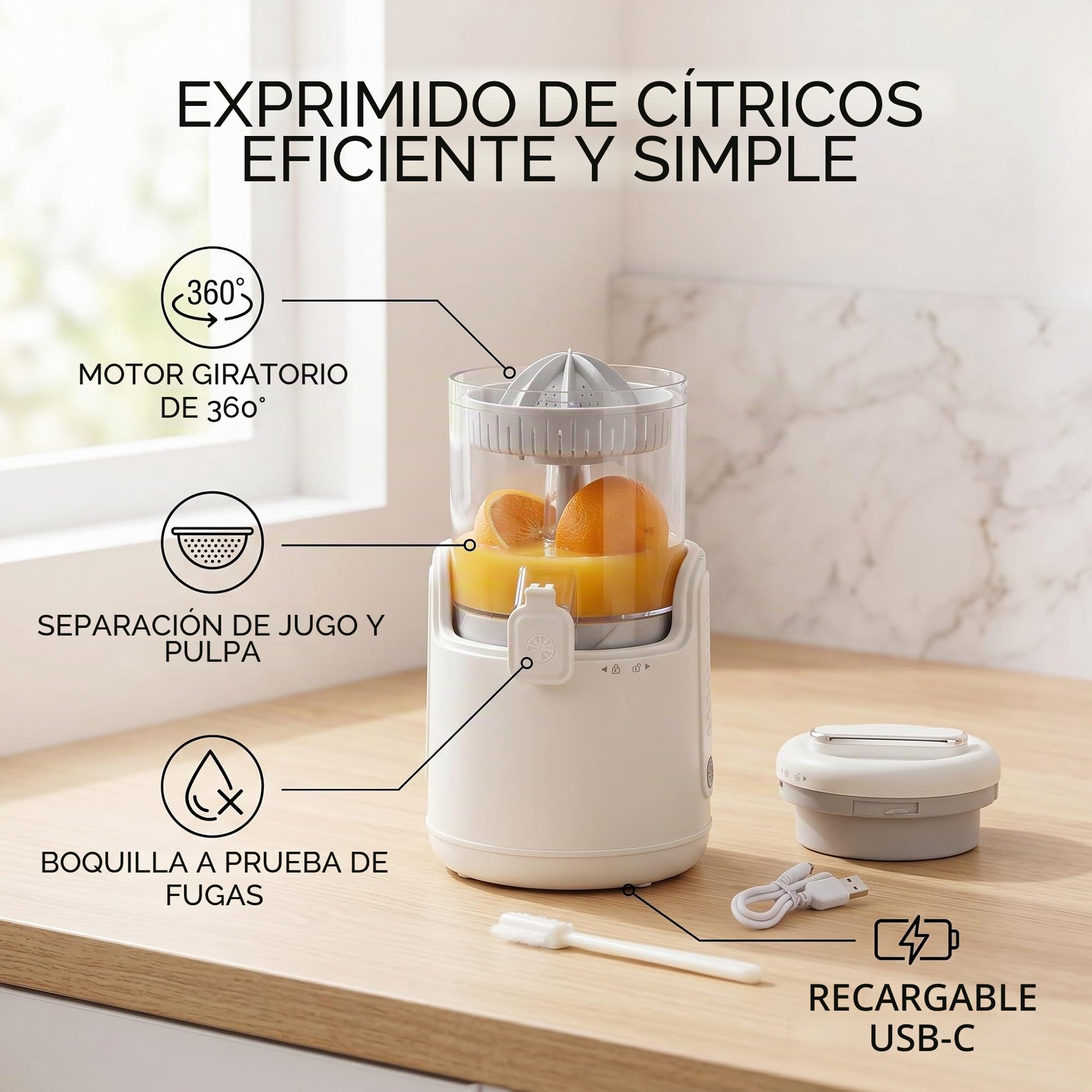 Máquina Exprimidor Eléctrico Recargable USB con Motor de 360 Grados, Exprimidor de Jugo, Compacto y Práctico, Caño a Prueba de Fugas, Materiales Seguros, Frutas Cítricas, Batería