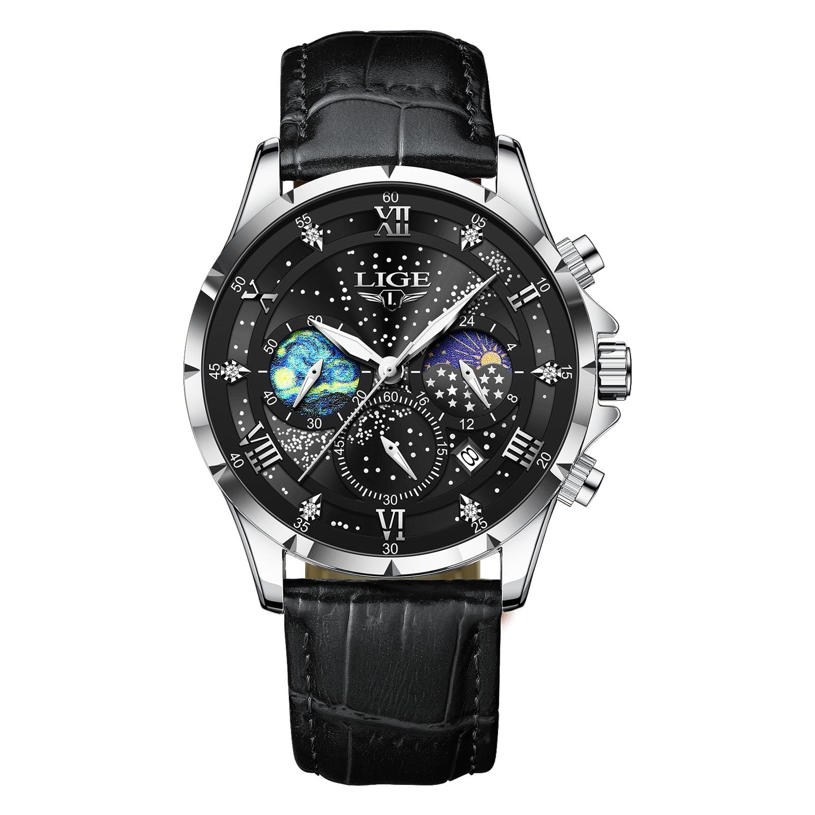 LIGE Uhr Herren Edelstahl Wasserdicht Analog Mondphase Quarz Herrenuhr Chronograph Lederarmband Watches for Men Mit Datum Leuchtende Herrenarmbanduhren Business Retro Männer Uhren