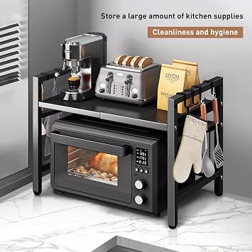 UBRAVOO Adjustable Microwave Oven Rack with Hooks, 100 kg Capacity, Space-Saving Kitchen Shelf with Storage Organizer (Black)