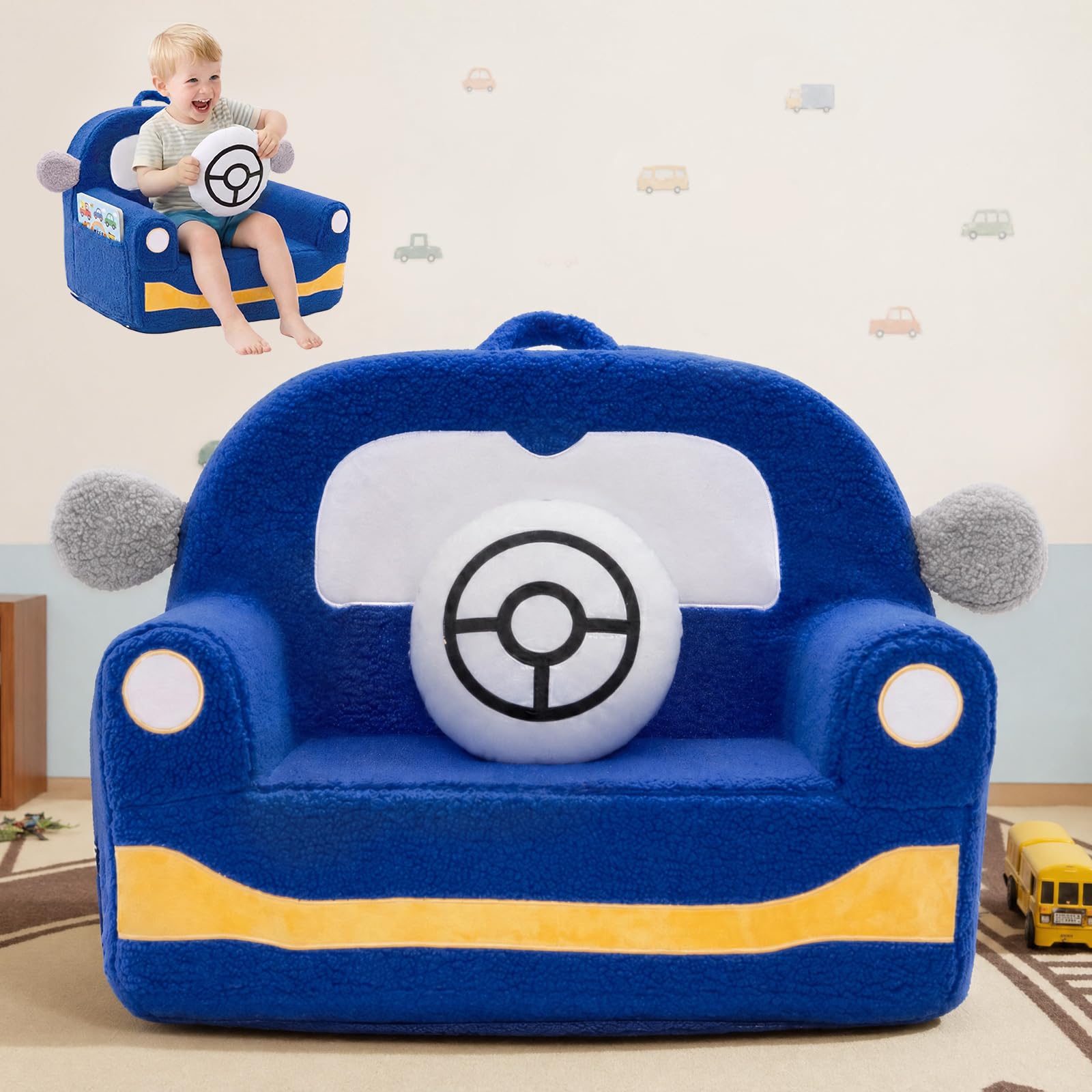 OUOZZZ Divanetto bambini 1-3 anni, poltrona poltroncina per bambini in sherpa morbido con cuscino, mini divano per cameretta， auto blu