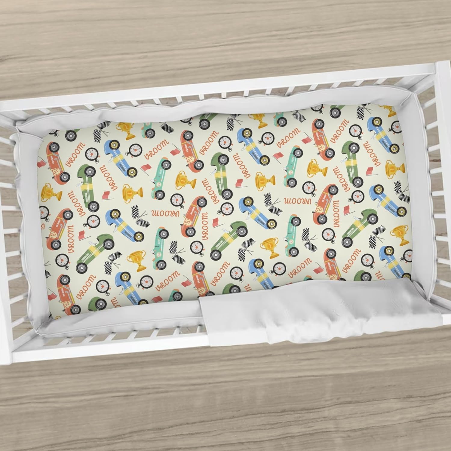 Retro Racing Baby Crib Sheets Race Car Vehicle Toddler Bedding Bed Sheets Colorful Racecars Fitted Crib Mattress Cover Fits Standard Crib Mattress 28x52 in