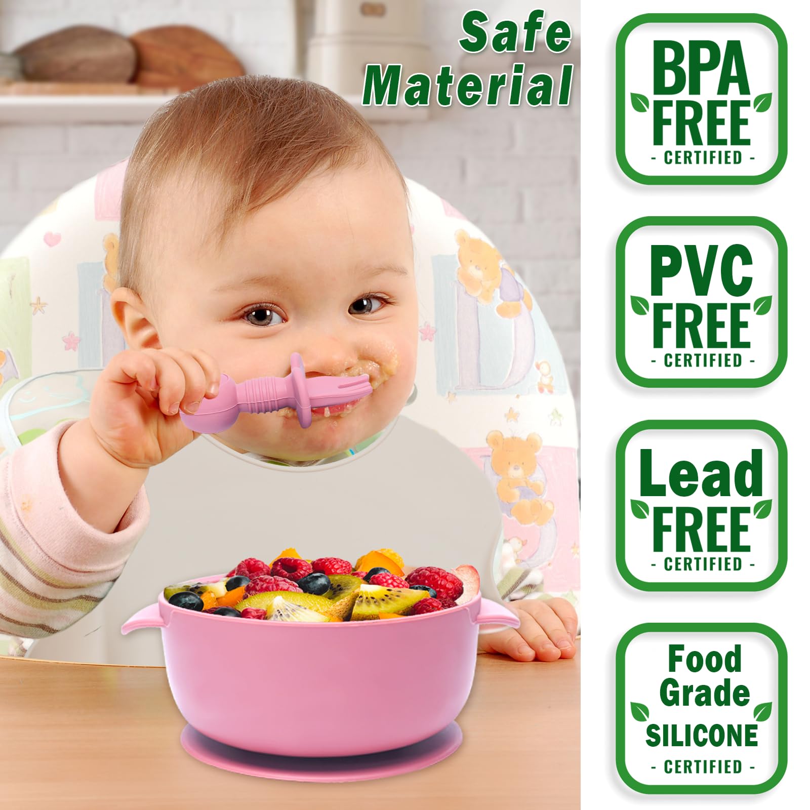 Juego de 10 piezas para beber y comer, silicona, plato ventoso, babero, tenedores, para destetar (rosa)