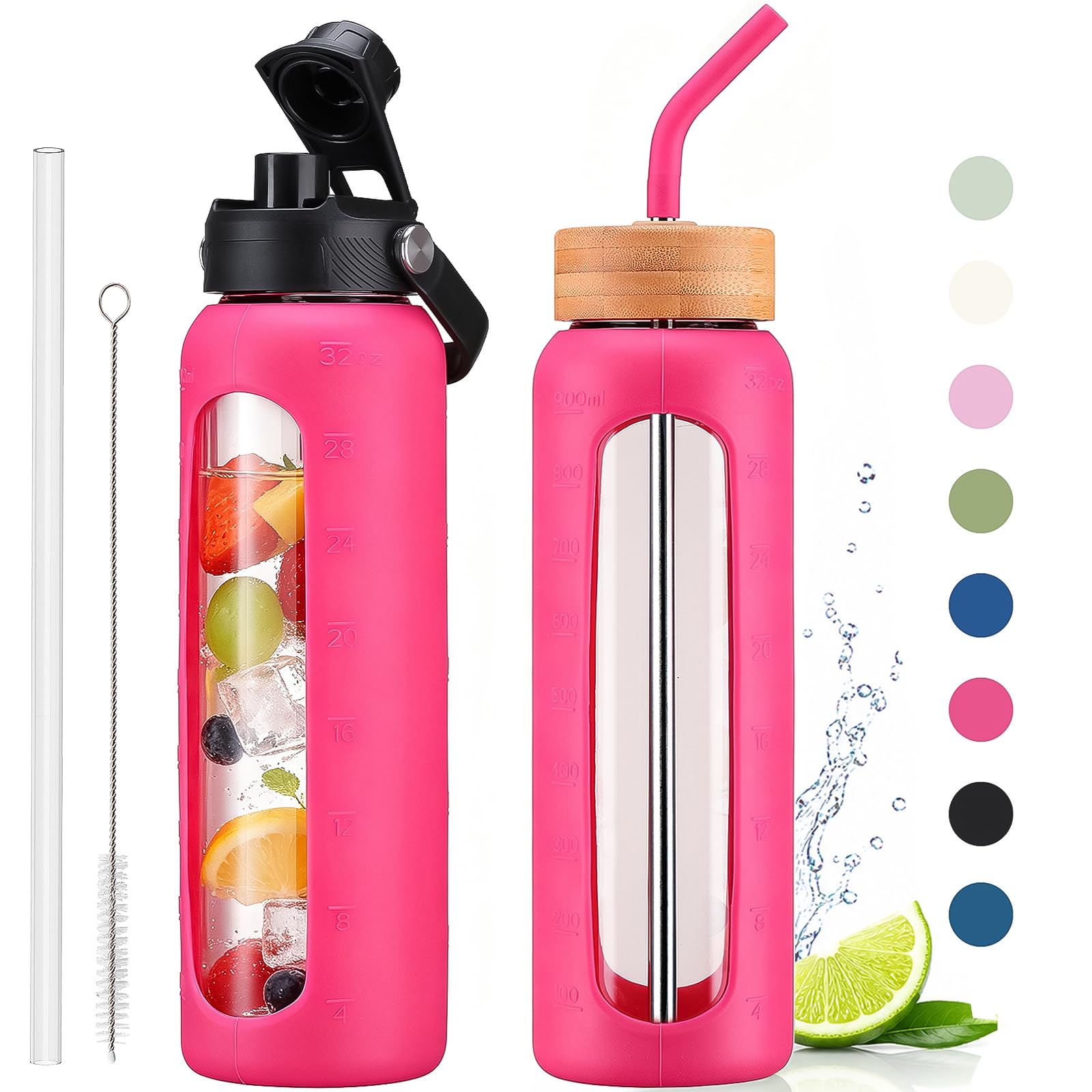 32 oz Glass Water Bottle with Straw and 2 Lids, Rose Red