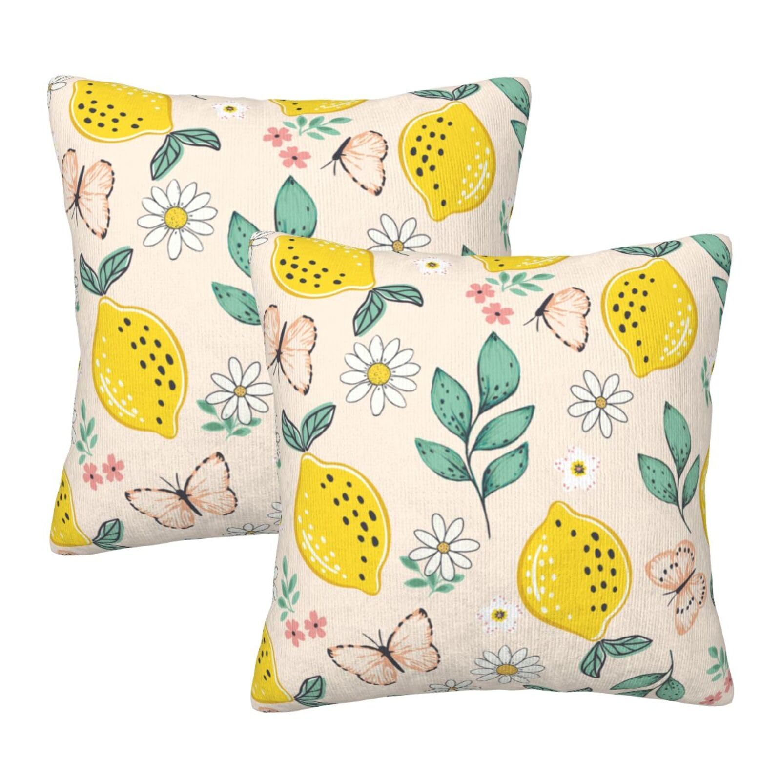 Coshatsu Yellow Lemon Pillow Covers 18x18 Set of 2 Summer Fruit Leaves Pillow Case Daisy Flower Decorative Throw Pillows Butterfly Pillowcase Square
