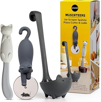 OTOTO Muscateers Bundle of Mary Cat, Katie, Kitty - Jar Scraper Spatula, Soup Ladle, Pizza Cutter - Cute Kitchen Accessories, Spooky Gothic Cat Gifts for Women, Kitchen Gifts, Halloween Gifts