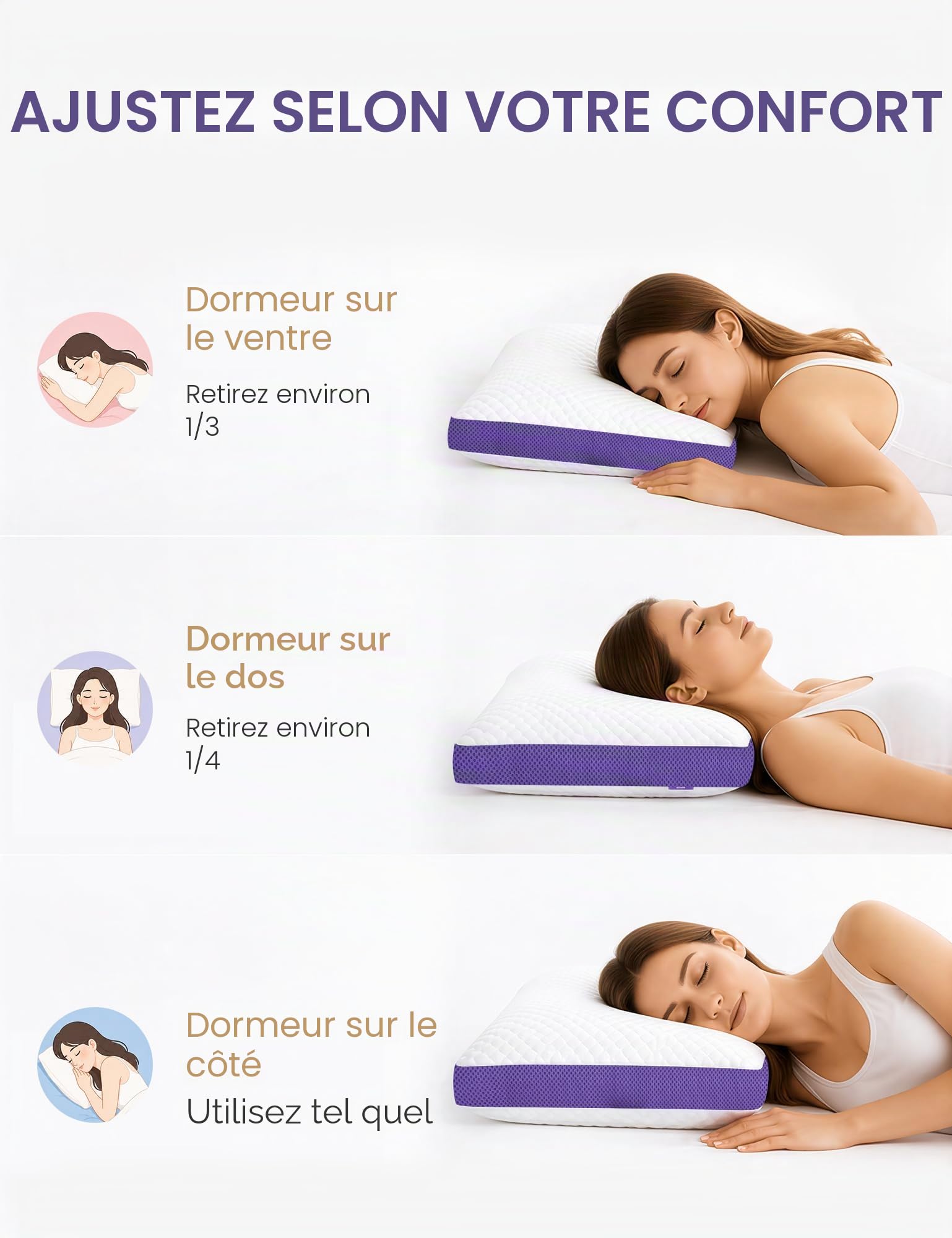 DWR Oreiller 50x75 cm (1er Set),Oreiller Ergonomique en Mousse à Mémoire de Forme, Coussin de Nuit Réglable avec Fermeture Éclair, Housse Amovible et Lavable