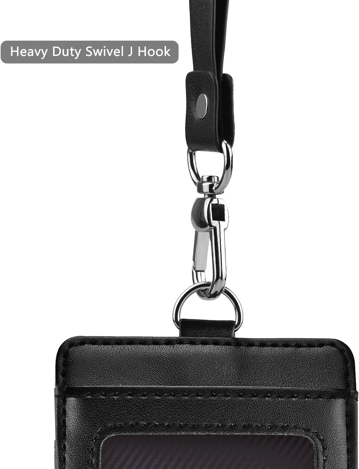 Fushing Leather Badge Holder with Lanyard, 2-Sided Vertical Genuine Leather ID Card Holder with 1 ID Window, 2 Card Slots, 1 Piece 18.9" PU Leather Detachable ID Lanyard with Swivel J Hook (Black)