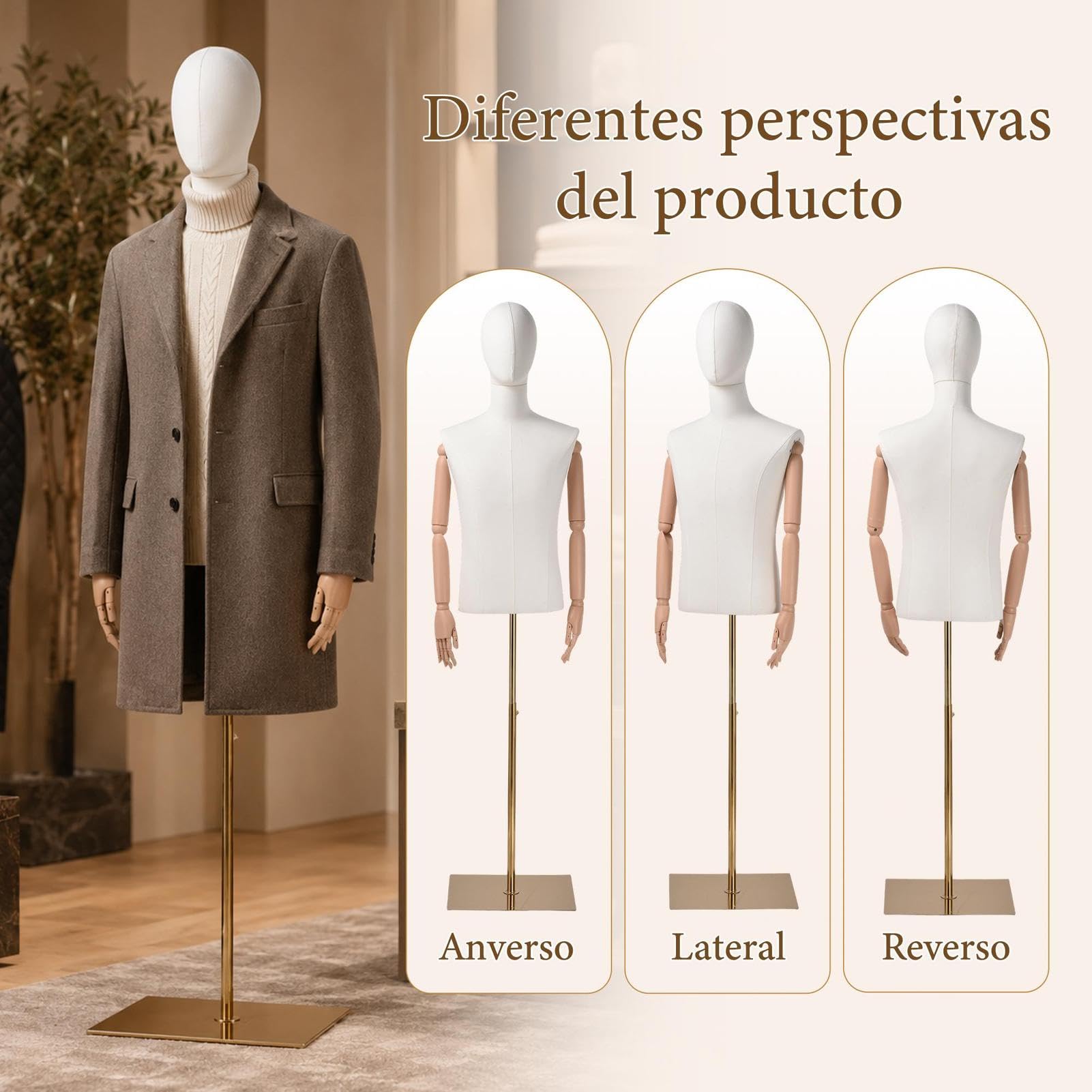 Maniqui Hombre Medio Cuerpo Ajustable 160-212 cm Capacidad de 30 kg | Brazos Robustos Tapicería de Terciopelo – para Boutiques