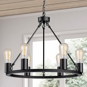 Wagon Wheel Chandelier, Farmhouse 6-Light Black Pendant Light for Dining Room