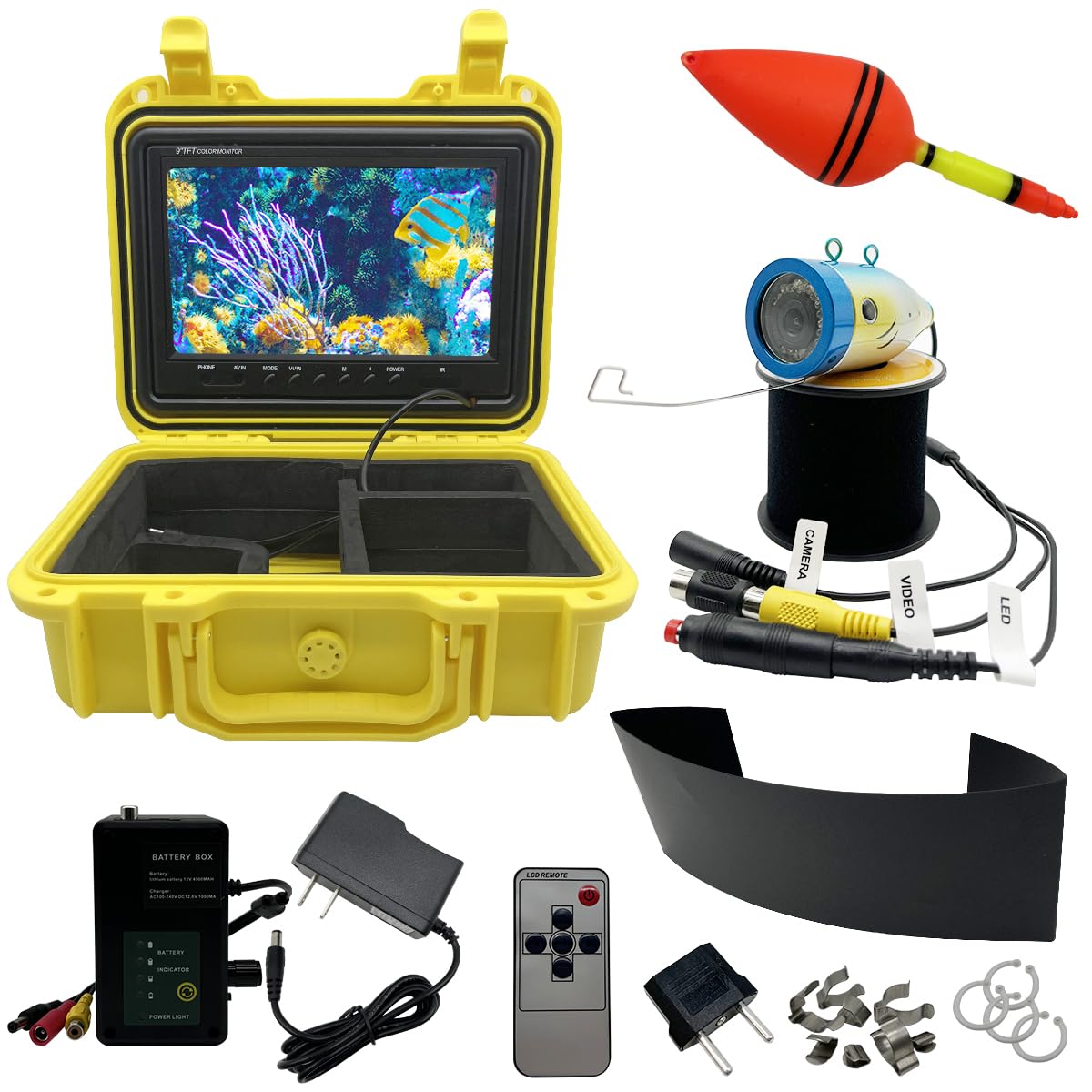 30M/100FT Portable Underwater Fishing Camera Video Fish Finder with Drop Protection Case 9" HD LCD Monitor 1200tvl Camera for Ice Lake Boat Fishing 24pcs Infrared and Cool LED Lights