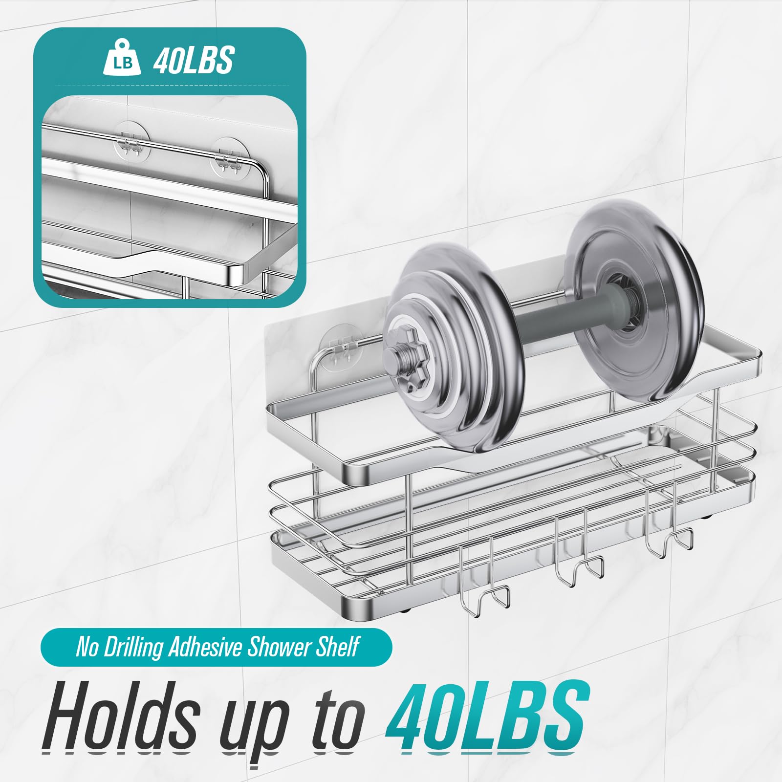 ATEMANS Shower Shelf for Inside Shower, Adhesive Shower Caddy, Bathroom Shower Organizer Wall Mounted Shampoo Holder, Soap Holder,Stainless Steel Shower Shower Caddy (Sliver)