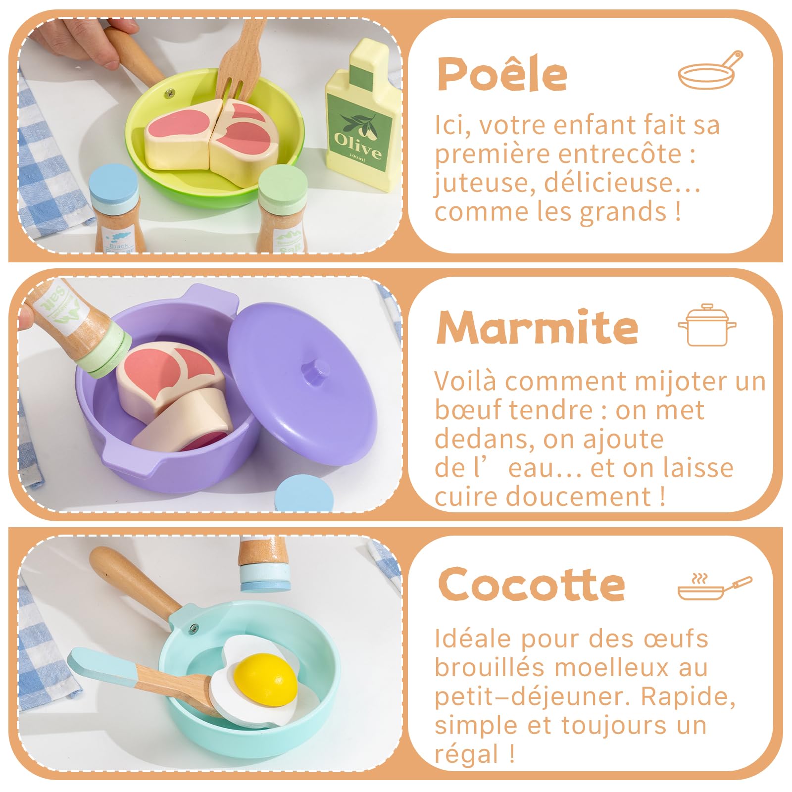 Jouet Dinette en Bois,Accessoire Cuisine Enfant,Kit de Cuisine Enfant Montessori,Bois Pots Casseroles Jouet ,Jeu de Rôle pour Filles Garçons 3 4 5 6 Ans Cadeau Anniversaire Noël