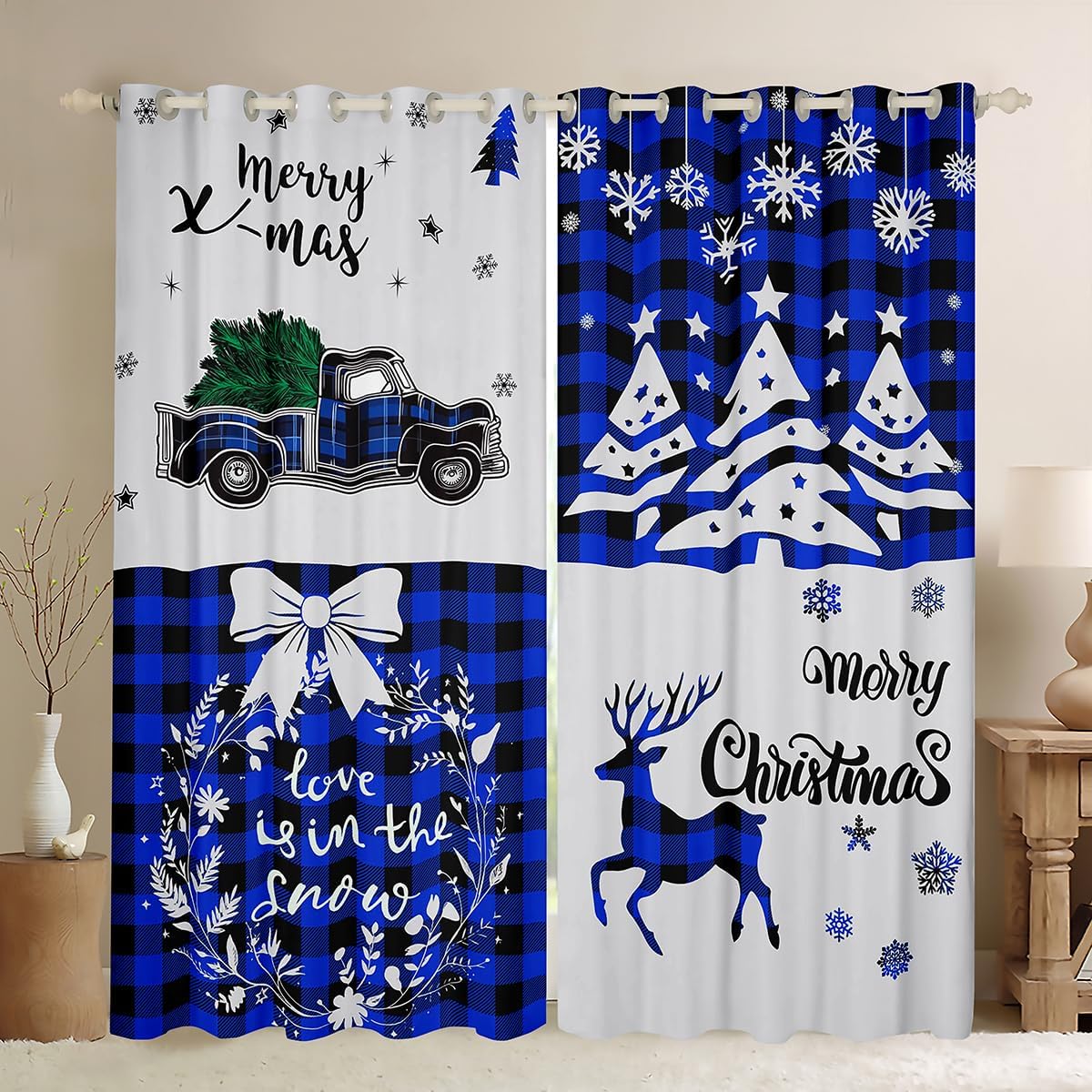 Merry Christmas Blackout Curtains Blue Buffalo Checked Rustic Truck Curtains & Drapes for Kids Child,Grid Plaid Lattice Car Christmas Tree Curtains 84"X90",Xmas Elk Deer Snowflake Christmas Decor
