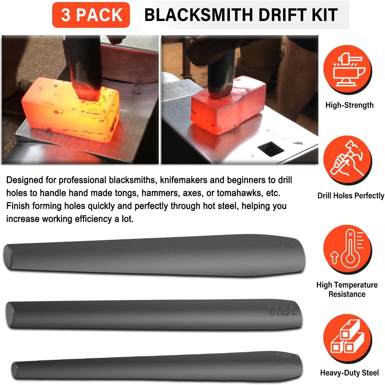 Blacksmith Drift Kit Blacksmith Hammer Eye Drift Tool Set for Forging Tongs, Tomahawk, Axe (3 Pack)