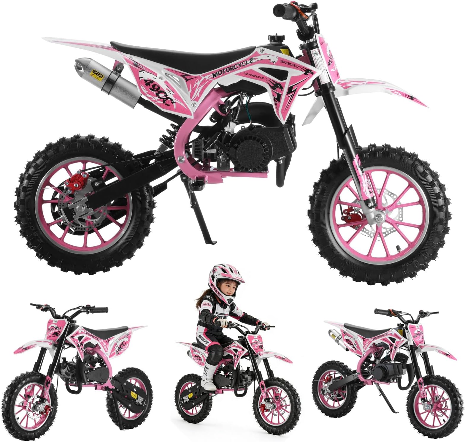 Gas Dirt Bike Motorcycle, 49cc 2-Stroke Kids Dirt Bike, Gas Power Motocross, Off Road Mini Motorcycle, Children Pocket Motorbike with Front Rear Disc Brakes, Pull Start Pink
