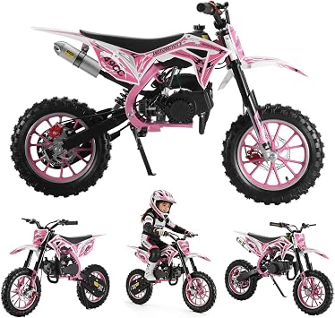 Gas Dirt Bike Motorcycle, 49cc 2-Stroke Kids Dirt Bike, Gas Power Motocross, Off Road Mini Motorcycle, Children Pocket Motorbike with Front Rear Disc Brakes, Pull Start Pink