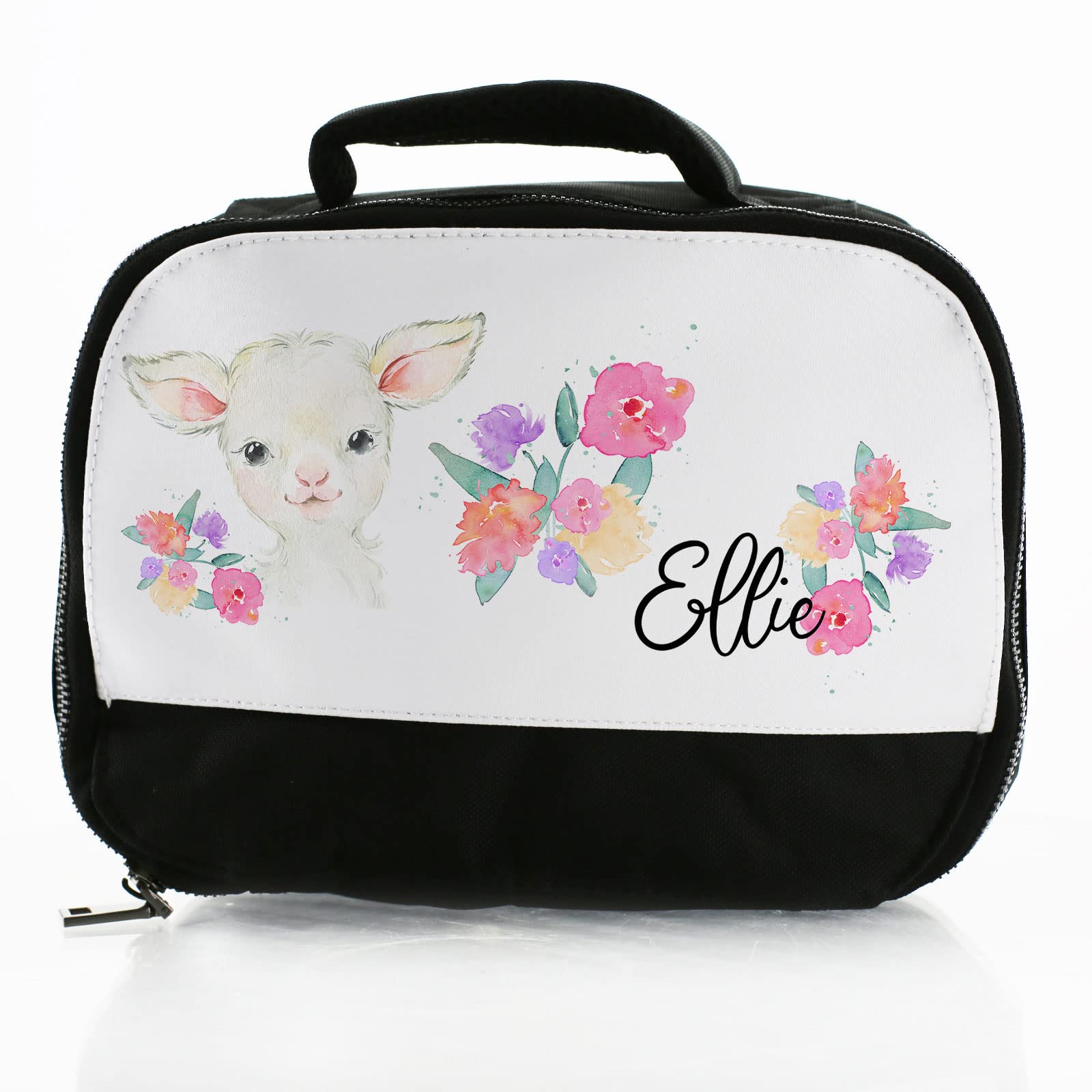 Hairyworm Personalised Bag, Black and White Insulated Lunch Bag Customised with Initial/Name/Text, White Lamb Flowers Design, Dinner Bag for School for Hot and Cold Food, Size: (18cm x 25cm x 8cm) — image 1