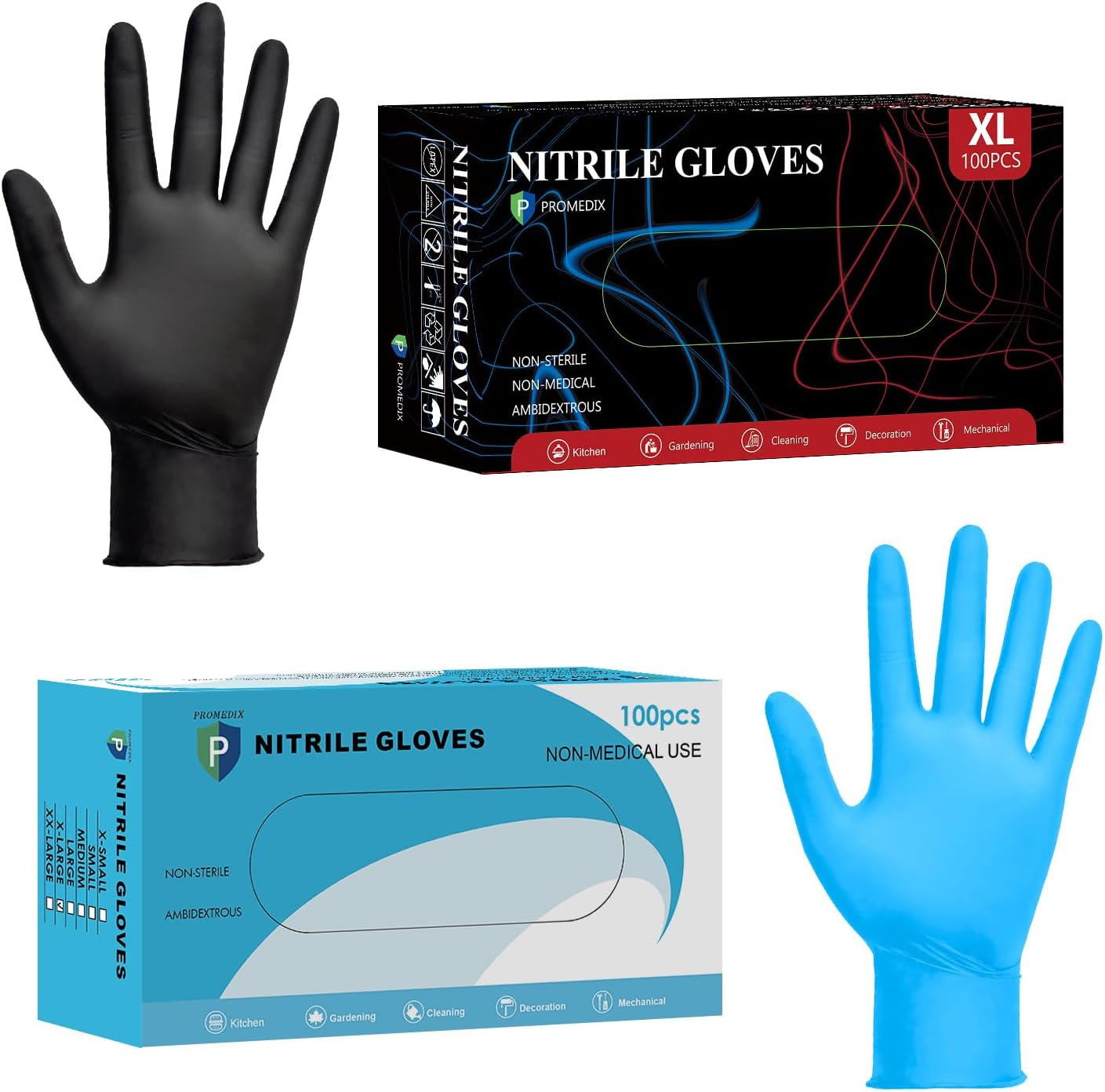 PROMEDIX P 100 Count Black Nitrile Gloves & 100 Count Blue Nitrile Gloves - Size X-Large