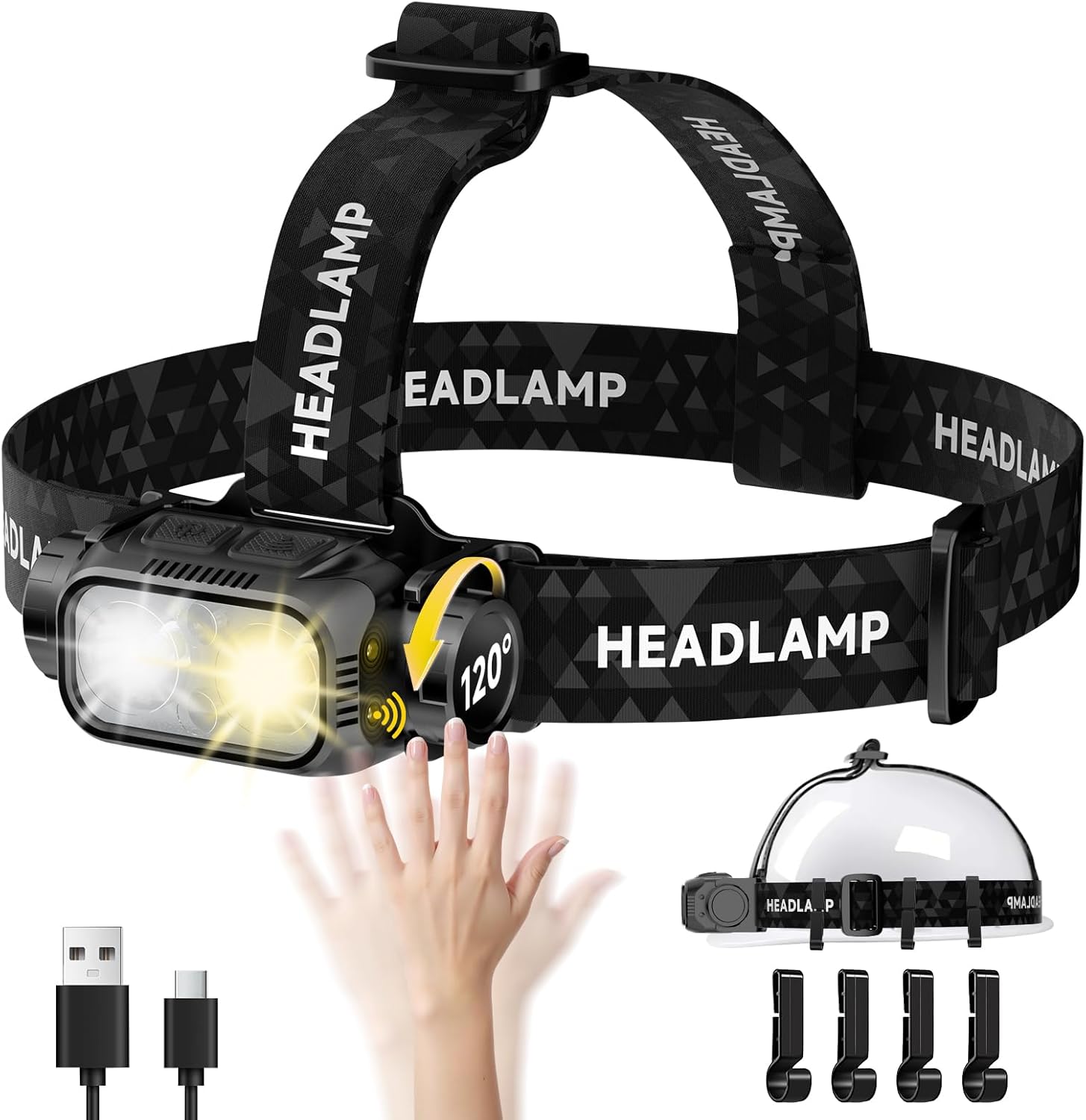 iToncs Rechargeable Headlamp Super Bright High Lumens, 6Pack LED Head Lamp with 5 Modes, 120° Adjustable Head Lights for Forehead, Waterproof Hard Hat Headlamp for Adults Camping Hunting Hiking