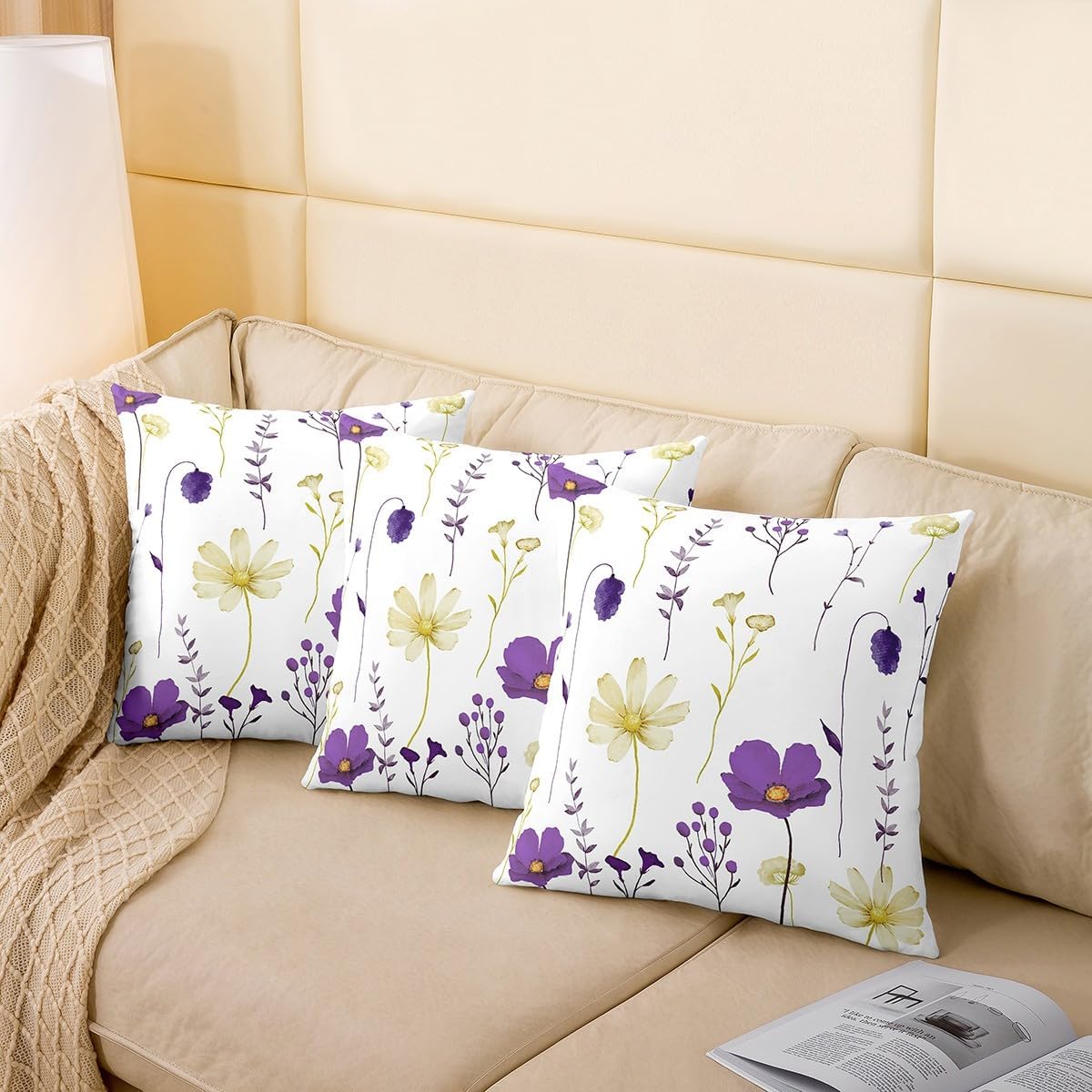 Erosebridal Garden Floral Throw Pillow Covers 24X24,2Pcs Purple Yellow Pillow Covers for Kids Teens Girls,Modern Minimalist White Cushion Covers Pastoral Branches Aesthetic Decorative Pillow Covers