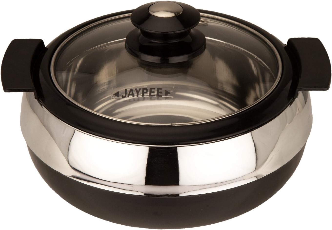 Jaypee Glasserol Serving Casserole Set Inner Stainless Steel Toughened Glass Lid PUF Insulated Hot Box |Roti Box| Easy to carry | Food Grade | Stackable, 800 ml, Black