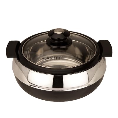 Jaypee Glasserol Serving Single Casserole Inner Stainless Steel Toughened Glass Lid PUF Insulated Hot Box for pulao ,Mea