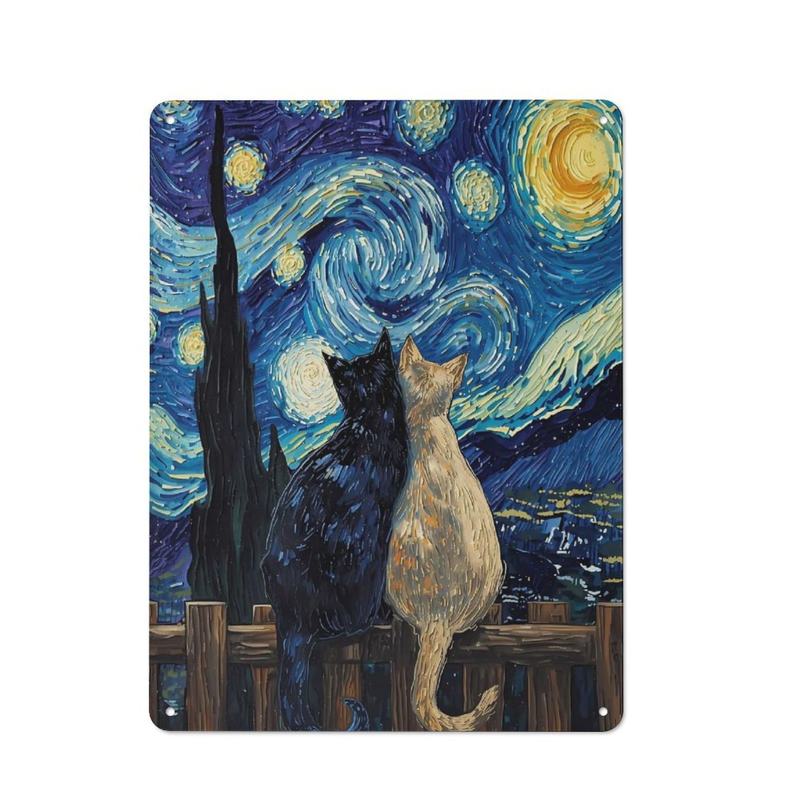 Junmoney Cats Under Starry Night Painting Country Metal Wall Decor 40X30cm, Country Metal Sign For Kitchen, Cottage, Porch Or Garden Room
