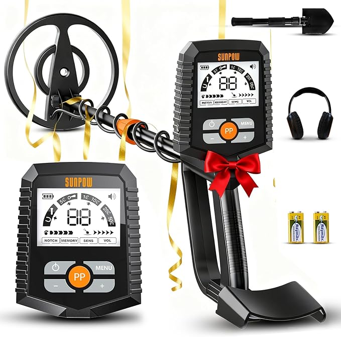 SUNPOW Metal Detector Professional Set for Adults & Children - Improved Chip, High Accuracy, Strong Interference Cancellation, 4 Search Modes (All Metal, Notch, Pinpoint, Memory), LCD Display, Comp...