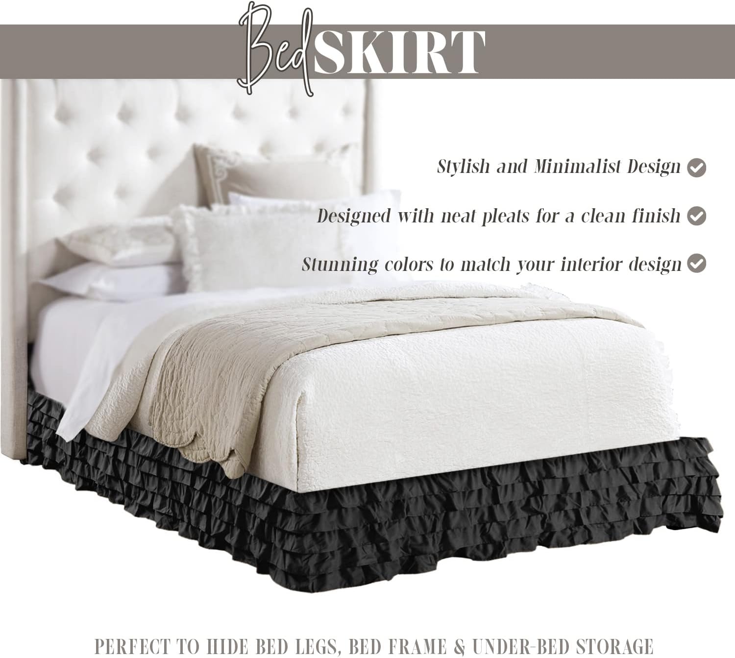 Queen Size Bed Skirt 550-TC Egyptian Cotton - 5 Layer Unique Design Multi-Ruffle Bed Skirt - Multi Ruffle Bed Skirt Elastic with Wrap Around, 20 Inch Drop Length, Queen Size, Black Solid