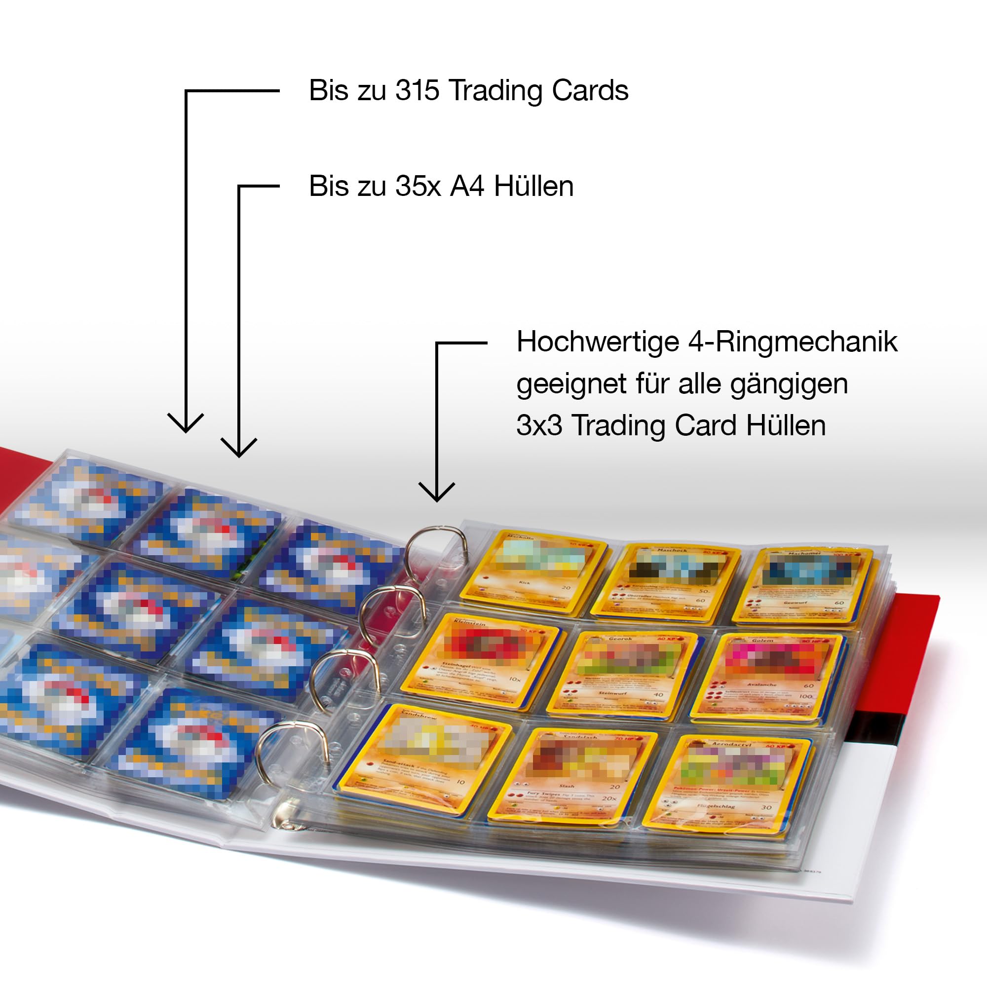 Leuchtturm 372285 TCG Album Pro - für 315 Sammelkarten wie Pokémon oder Digimon - A4 Hardcover rot-weiß - inkl. 5 Grande Pro Hüllen klar