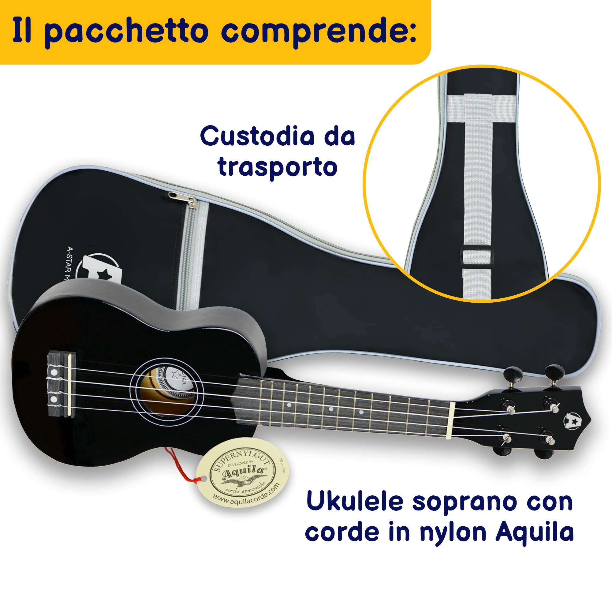 Corde Per Ukulele Soprano - Set 4 Corde In Nylon Bianco, Ricambio Per Strumenti