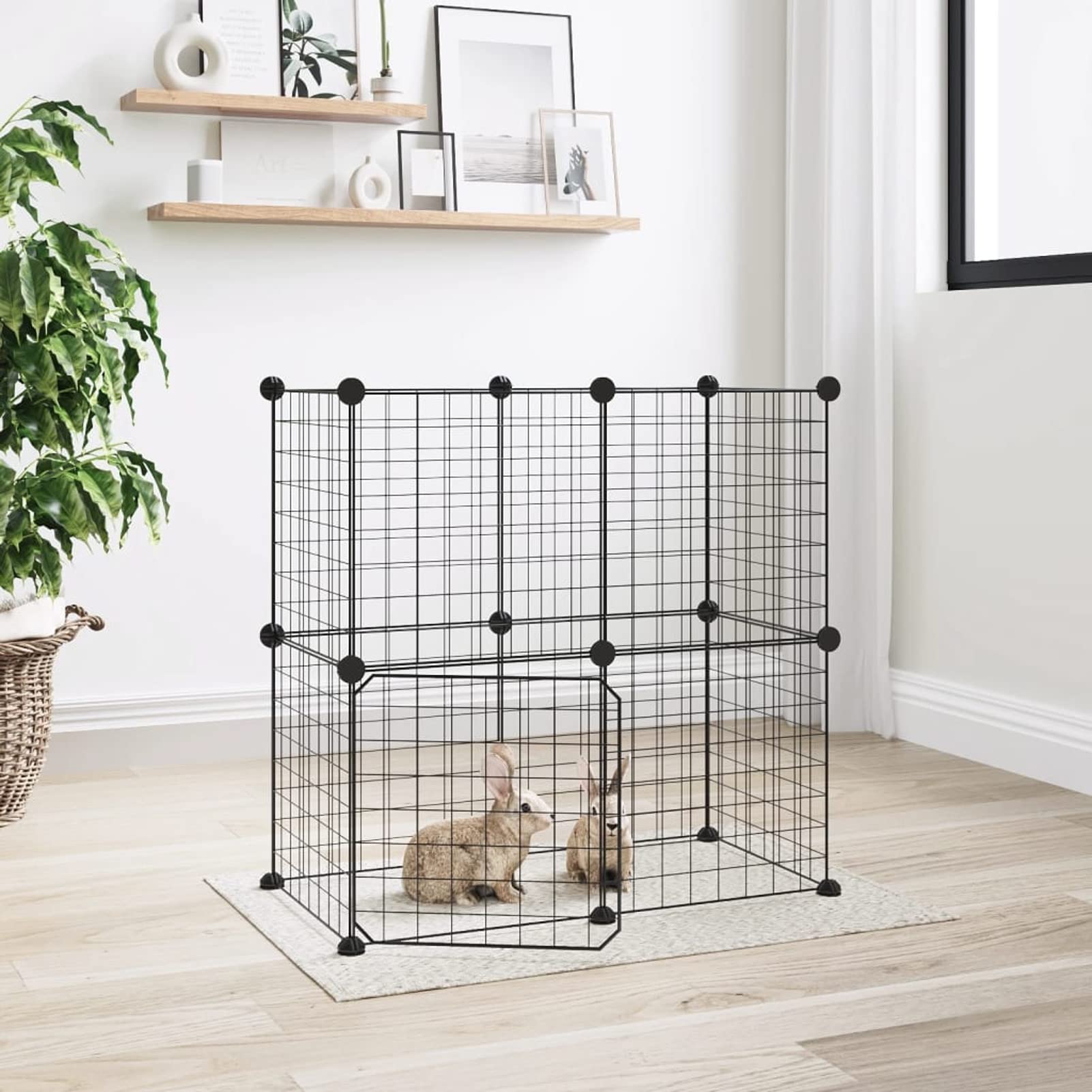 Gecheer Gabbia per Animali 12 Pannelli con Porta,Recinto per Coniglio da Interno,Recinto per Cuccioli, Box per Cani,Box per Animali con Porta,Gabbia per Cani Gatti Conigli Nani Nero 35x35 cm Acciaio