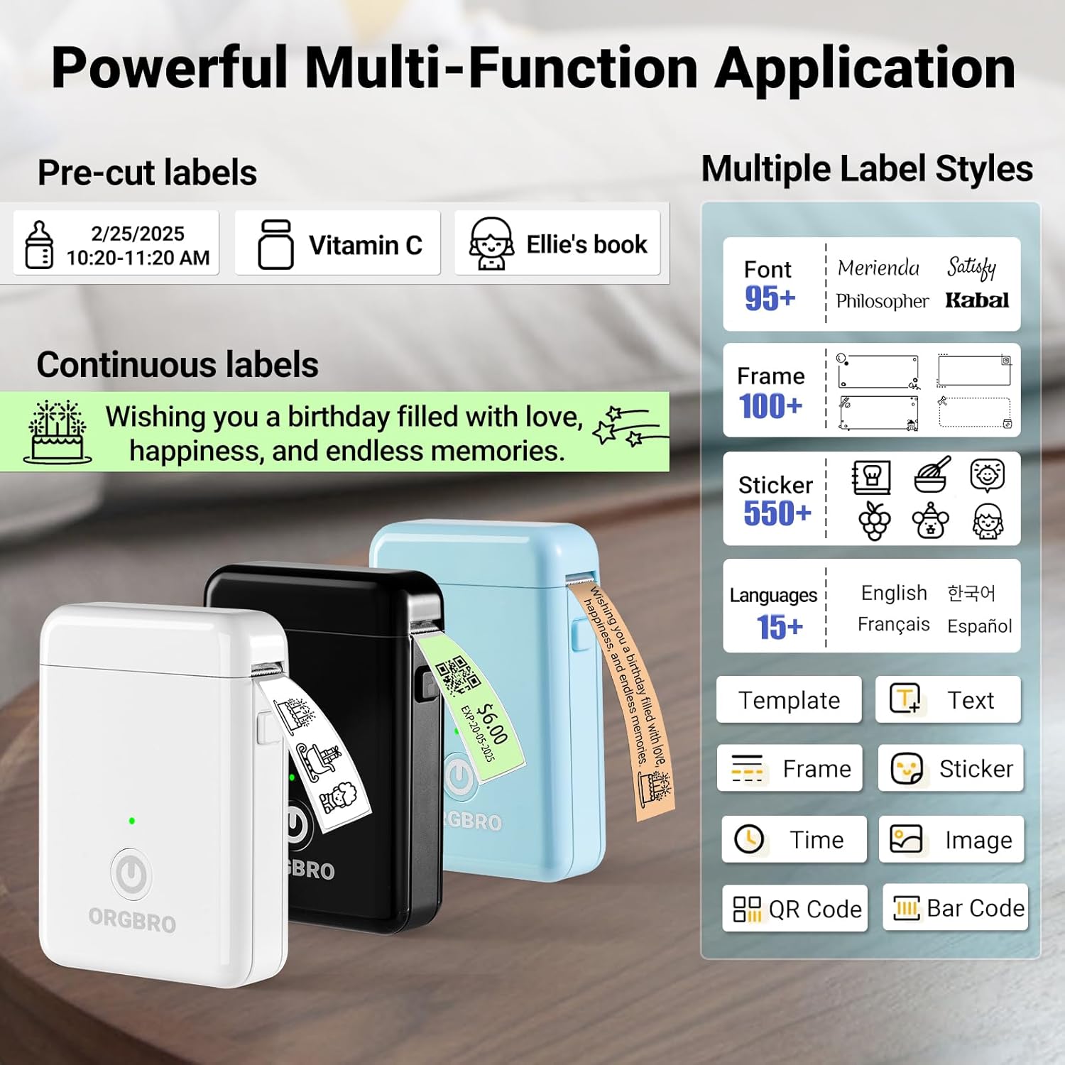 Screenshot of the XeasyLabel app interface showing various customization options for labels, including fonts, frames, stickers, languages, and elements like text, time, image, QR code, and barcode.