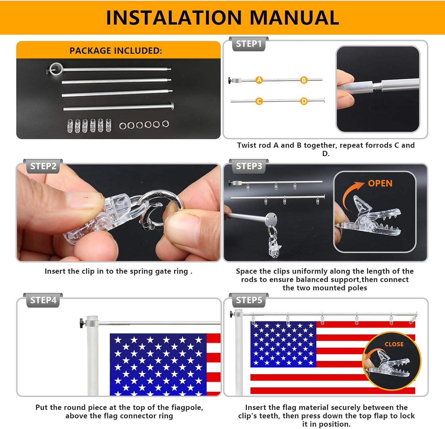 Flag Stabilizer, for 0.7-1.1 Inch Diameter Flagpole, Adjustable Flag Straightener Rod and Detangler Kit with Strong Non-Slip Clips, Stopping Flag Tangling Around Pole（1 Pack, Silvery） image 4