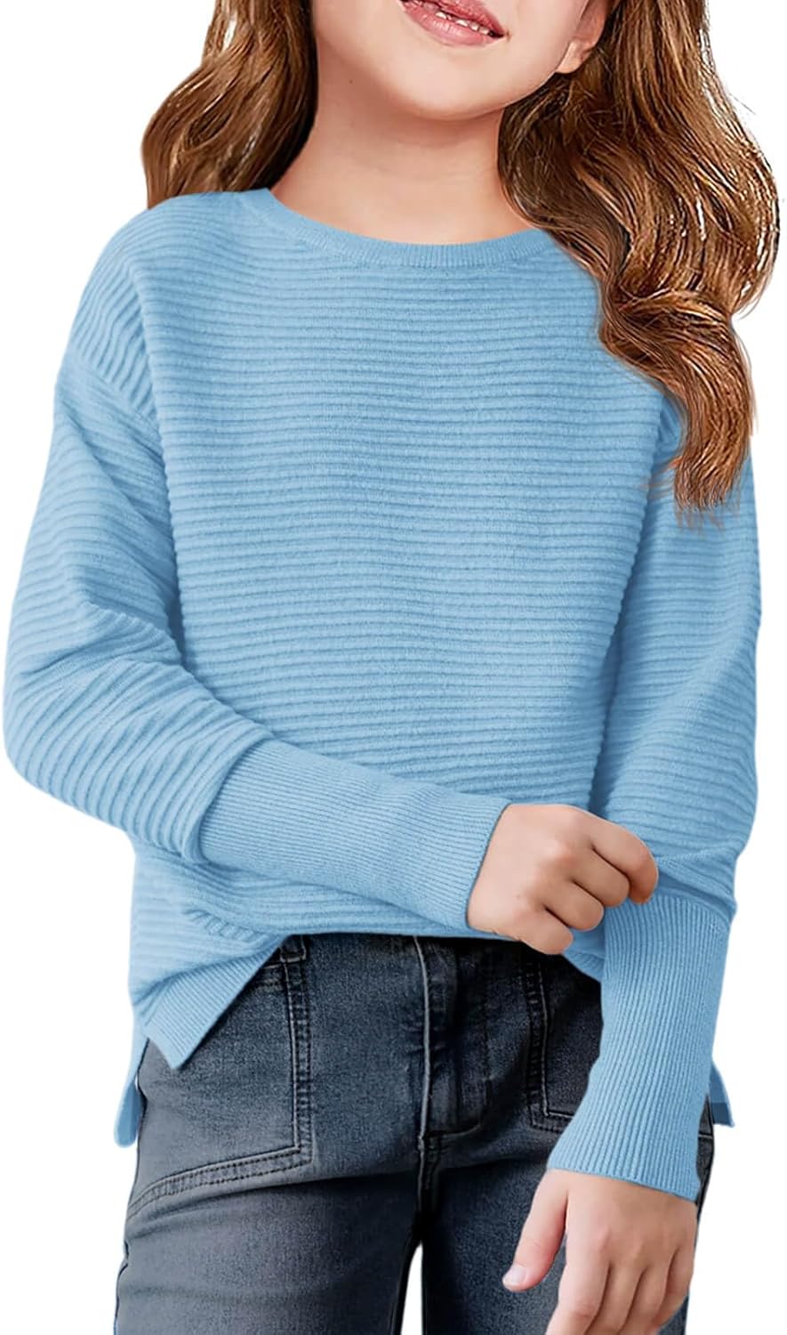 Haloumoning Girls Fall Sweater Kids Fashion Long Sleeve Ribbed Knit Split Pullover Tops 5-14Y