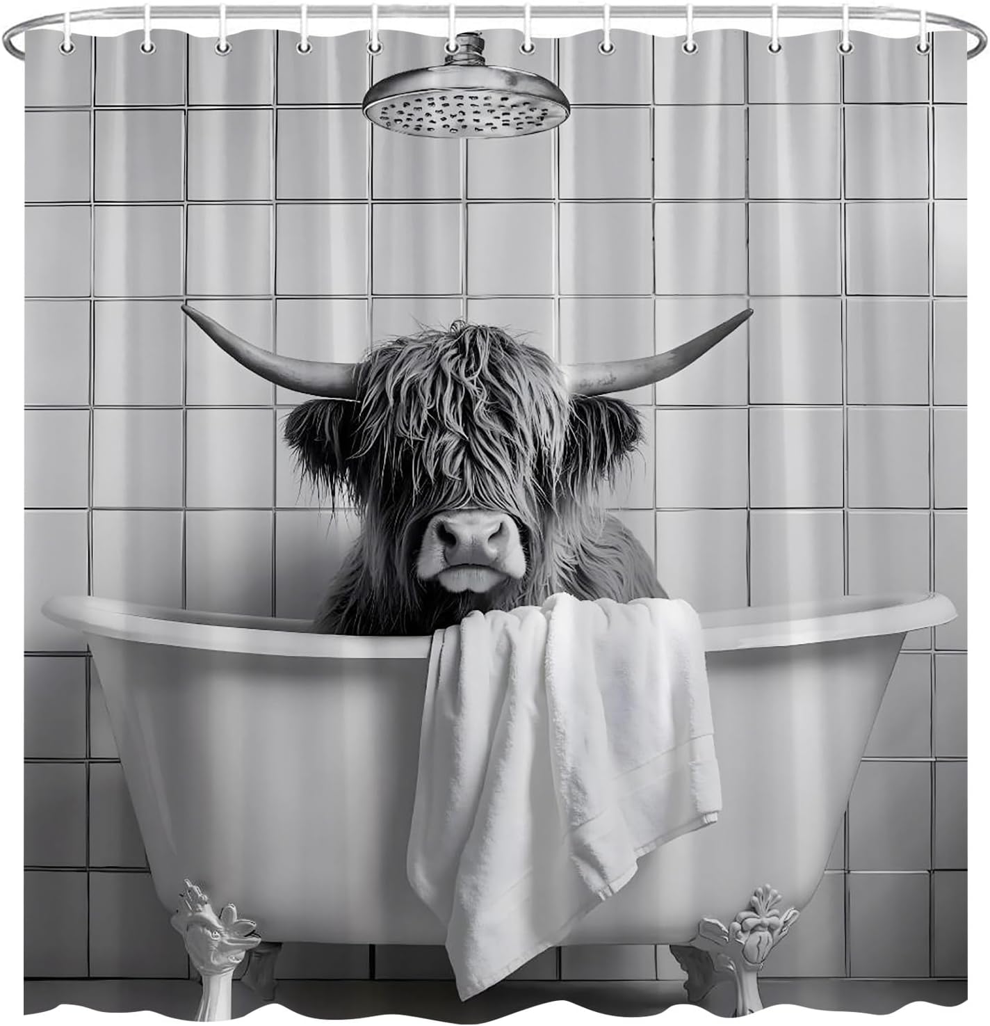 Highland Cow Shower Curtain Funny Bull Take Bath Cattle Bathtub Bathroom Grey Humorous Animal Farmhouse Country Style Bath Decor Polyester Fabric Curtains 106X70 Inch